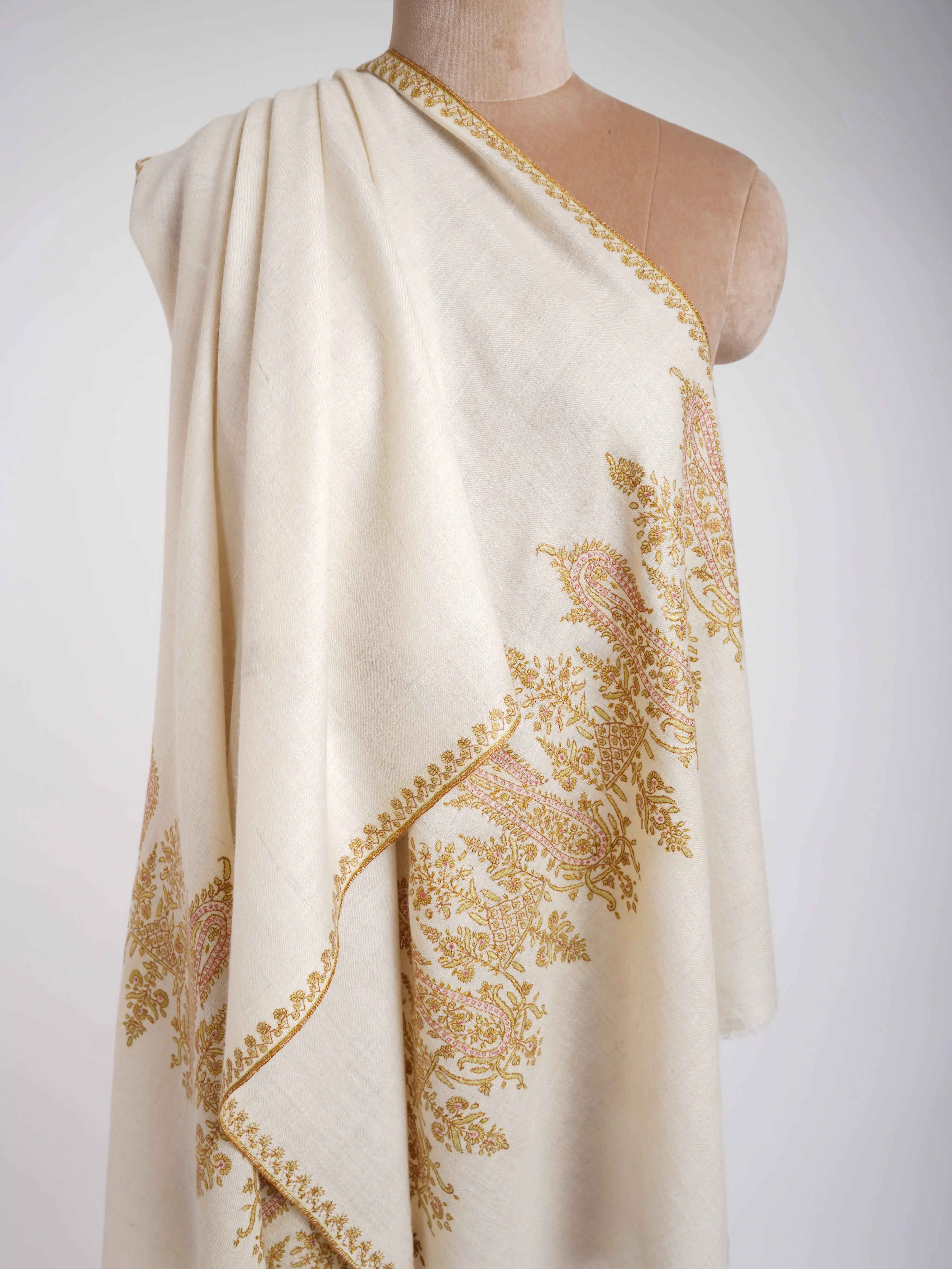 Sozni Embroidery Ivory Handmade Pashmina Stole Shahkaar