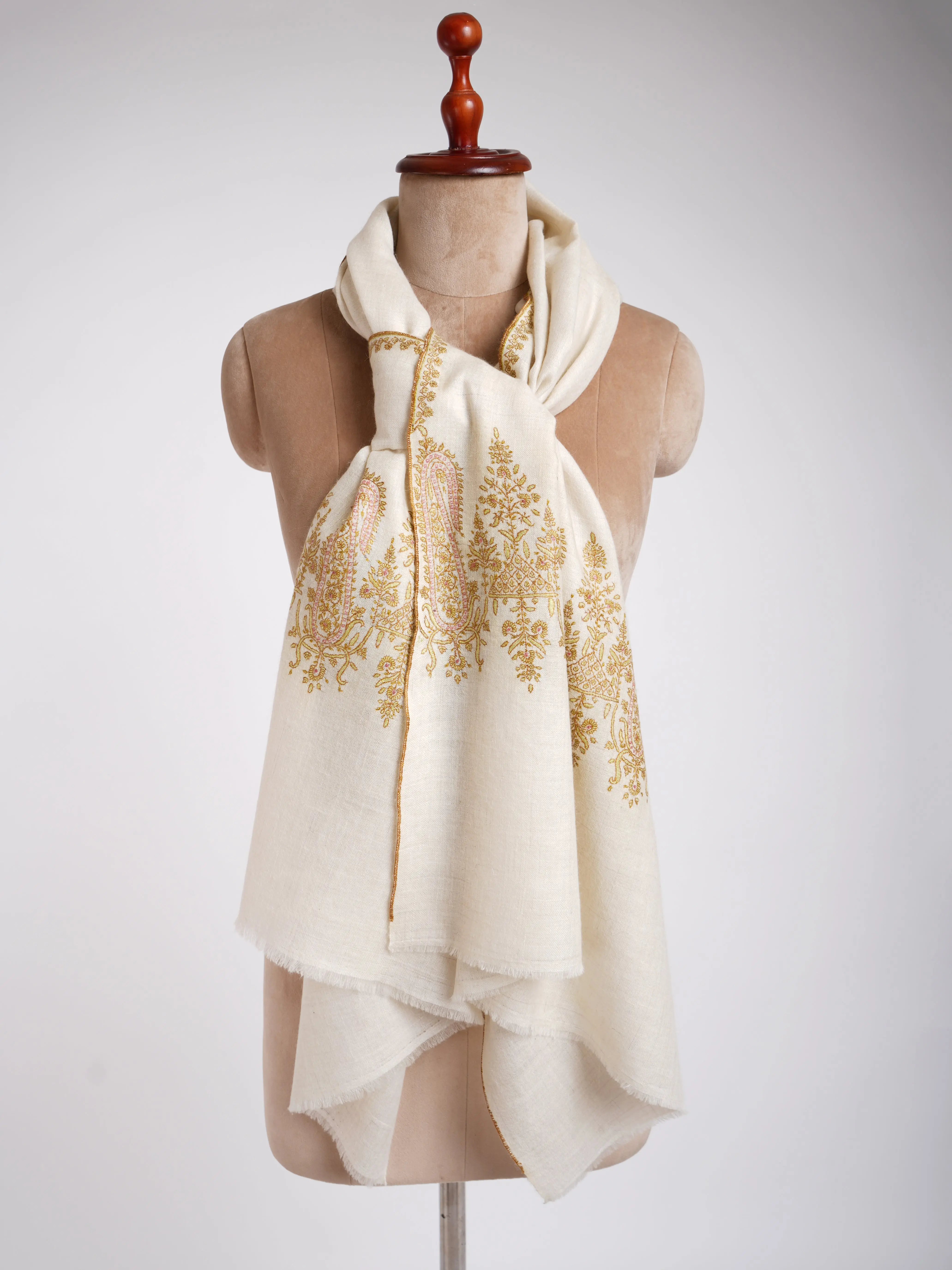 Sozni Embroidery Ivory Handmade Pashmina Stole Shahkaar