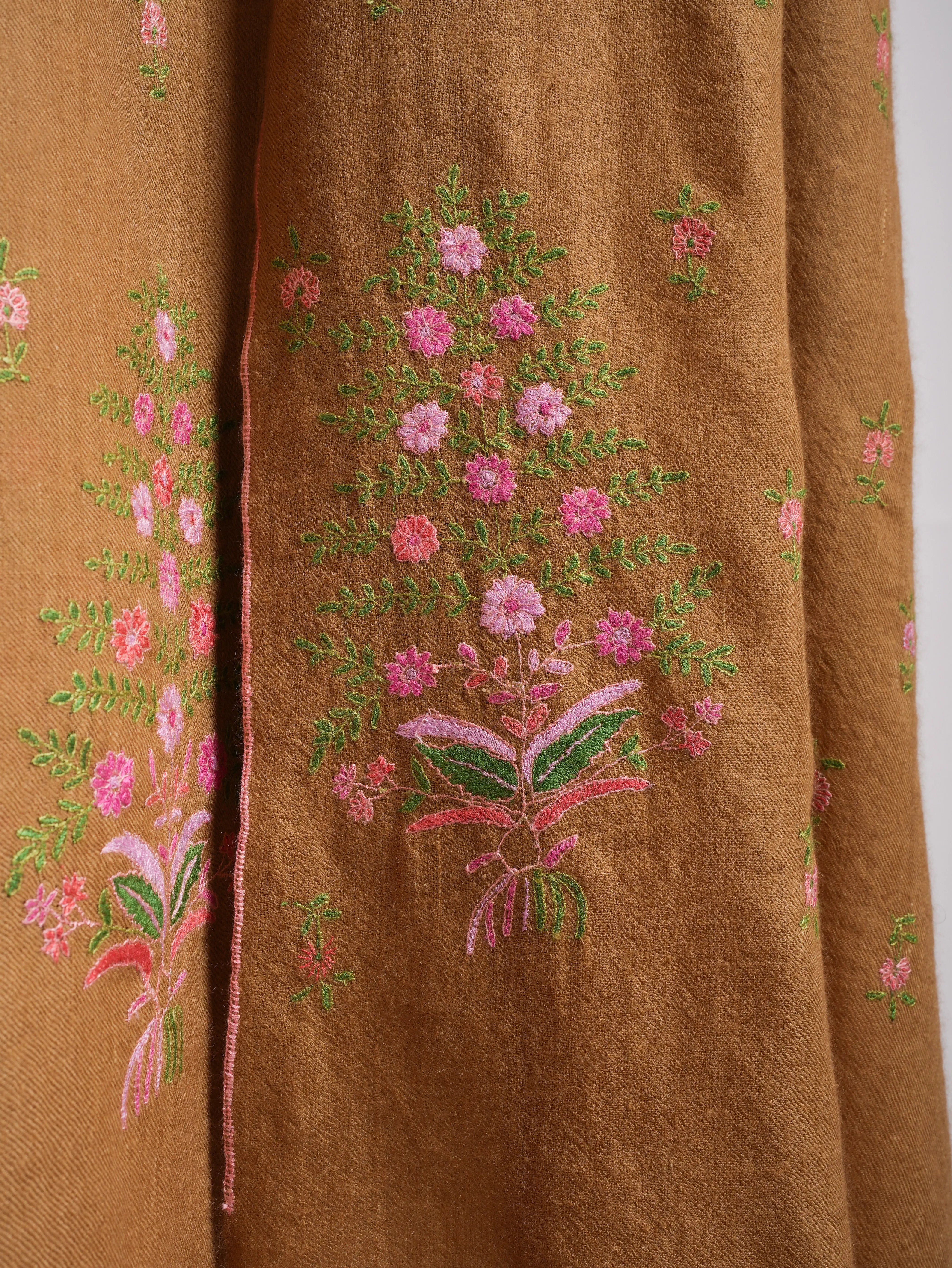Sozni Hand Embroidered Indian Tan Cashmere Stole Shahkaar