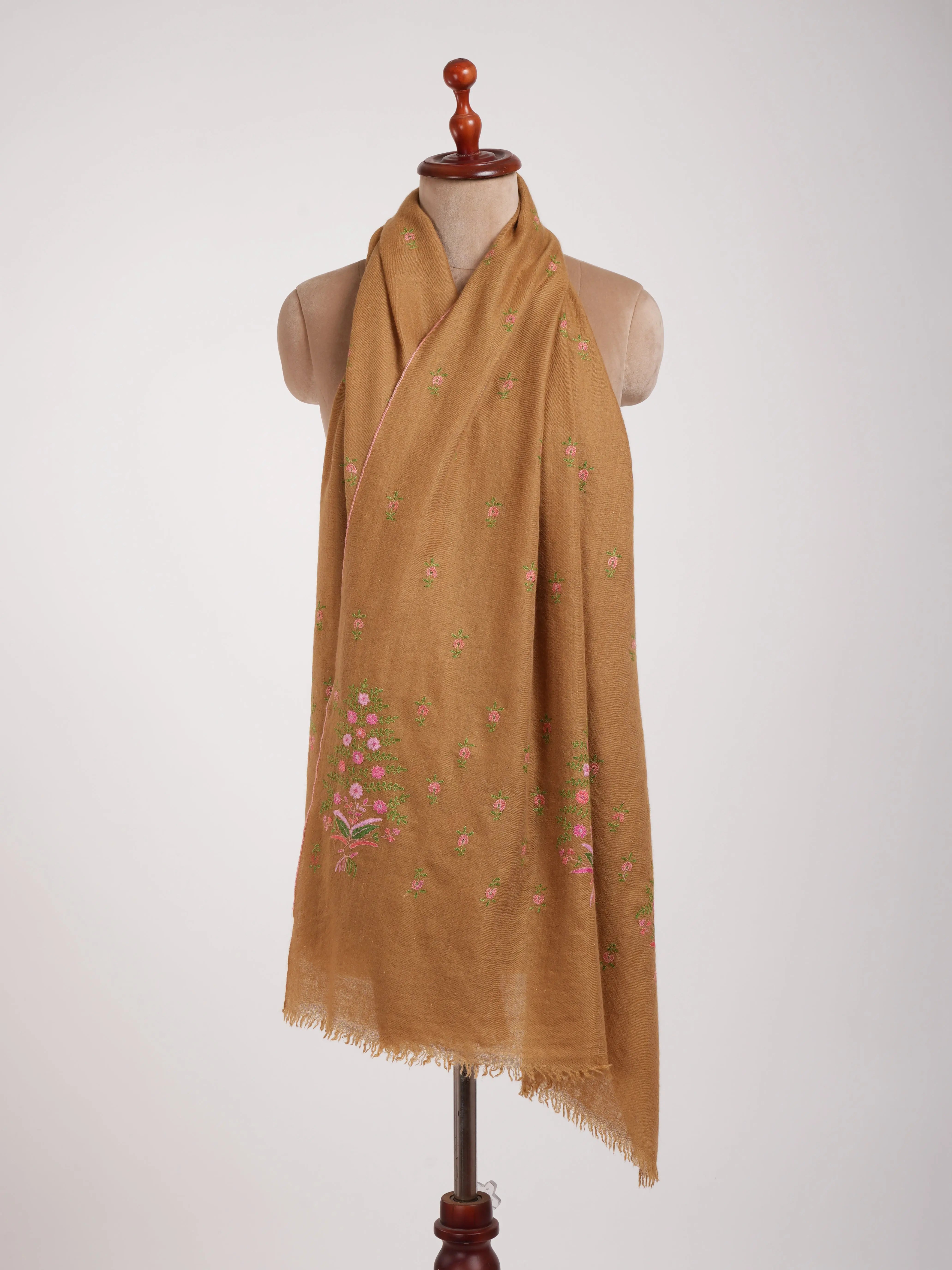 Sozni Hand Embroidered Indian Tan Cashmere Stole Shahkaar