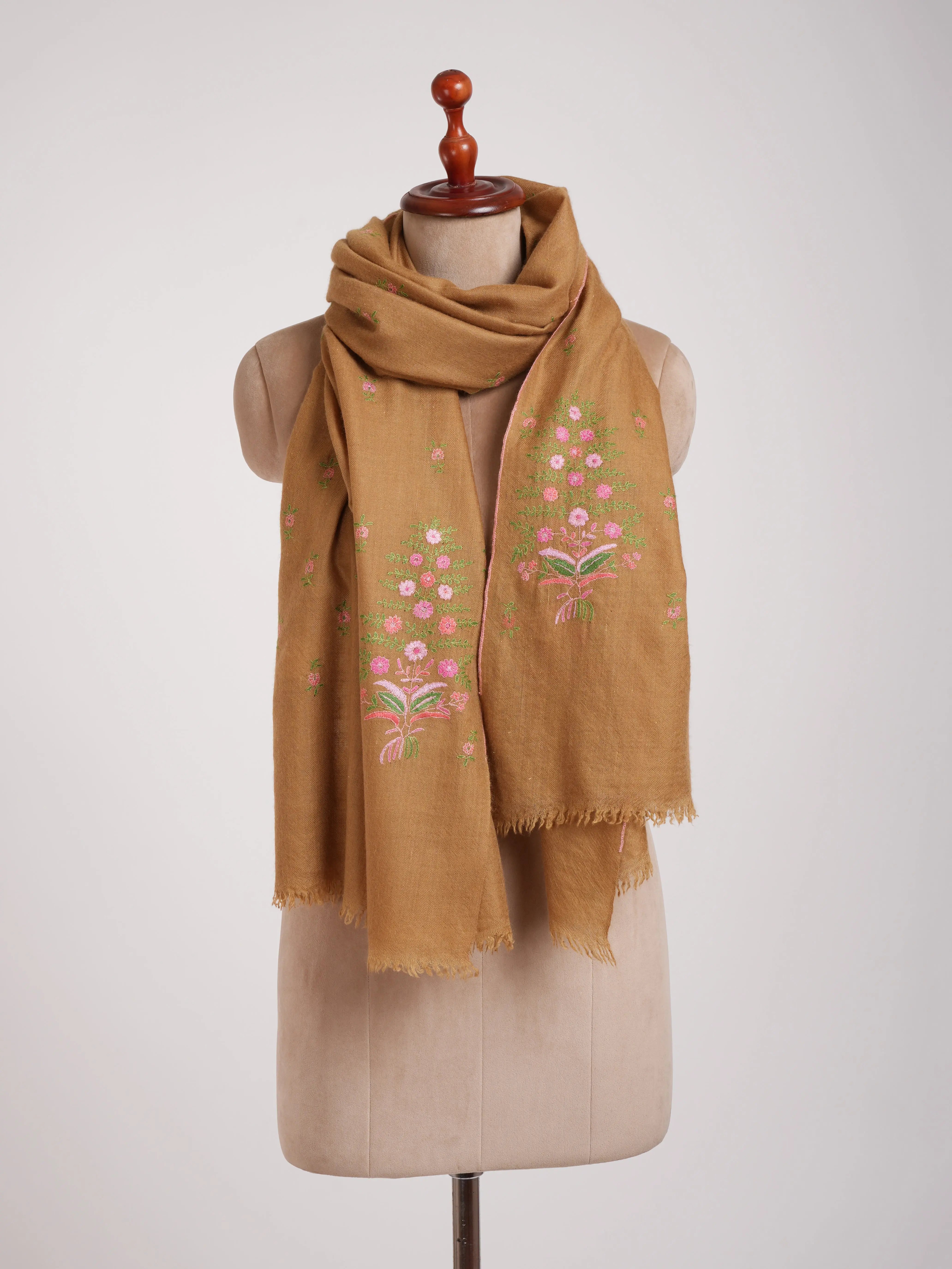 Sozni Hand Embroidered Indian Tan Cashmere Stole Shahkaar