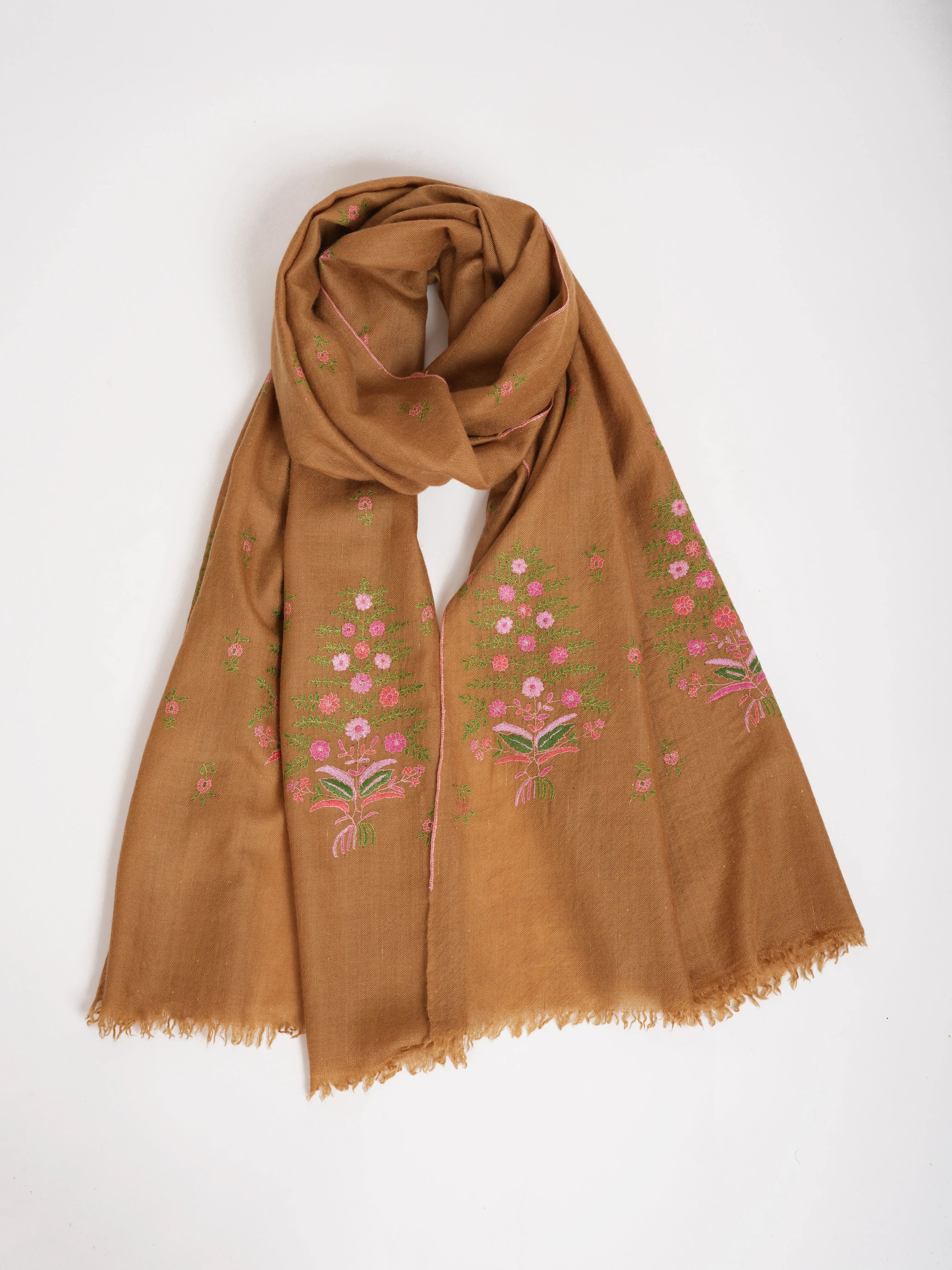 Sozni Hand Embroidered Indian Tan Cashmere Stole Shahkaar