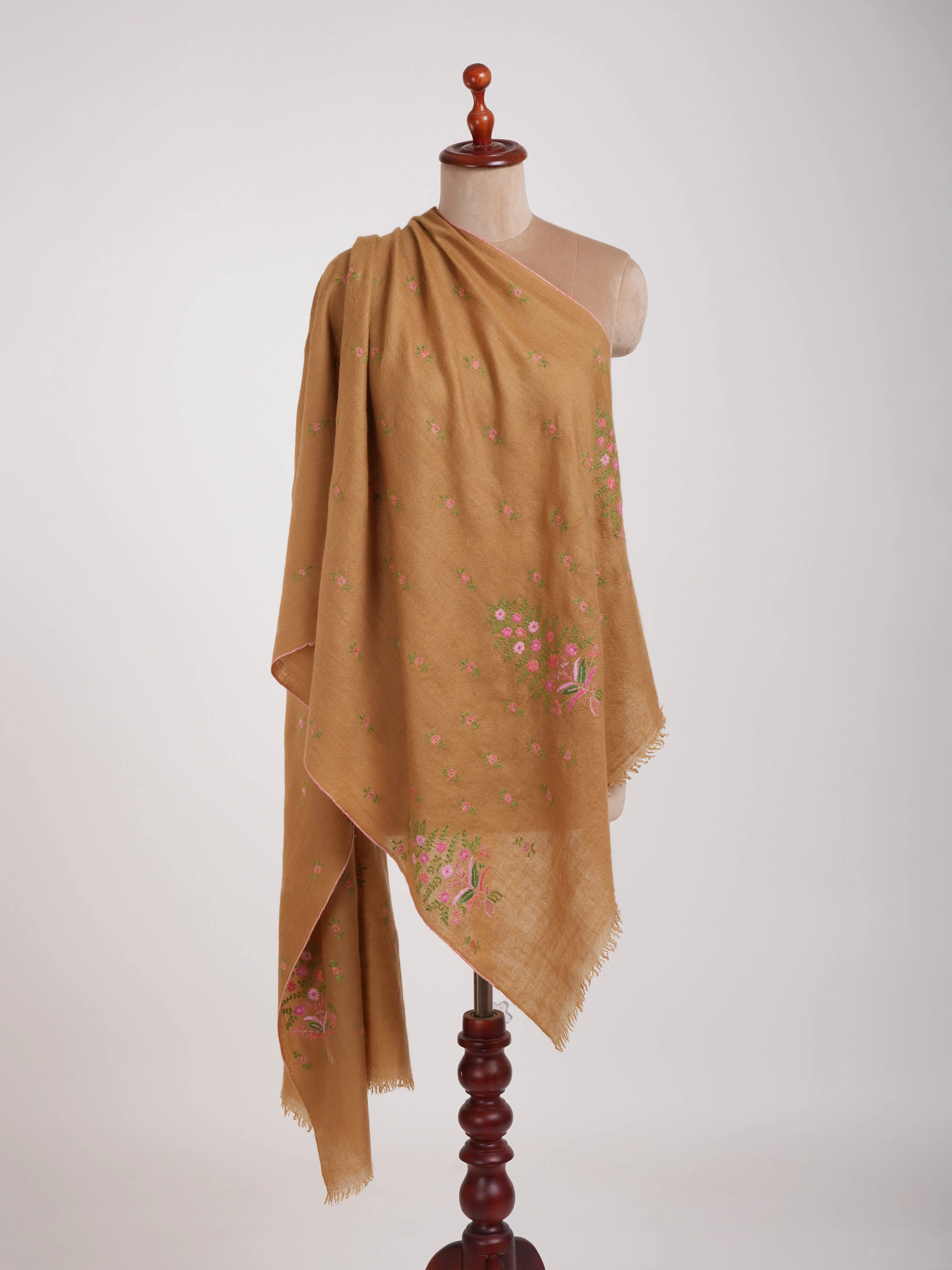 Sozni Hand Embroidered Indian Tan Cashmere Stole Shahkaar