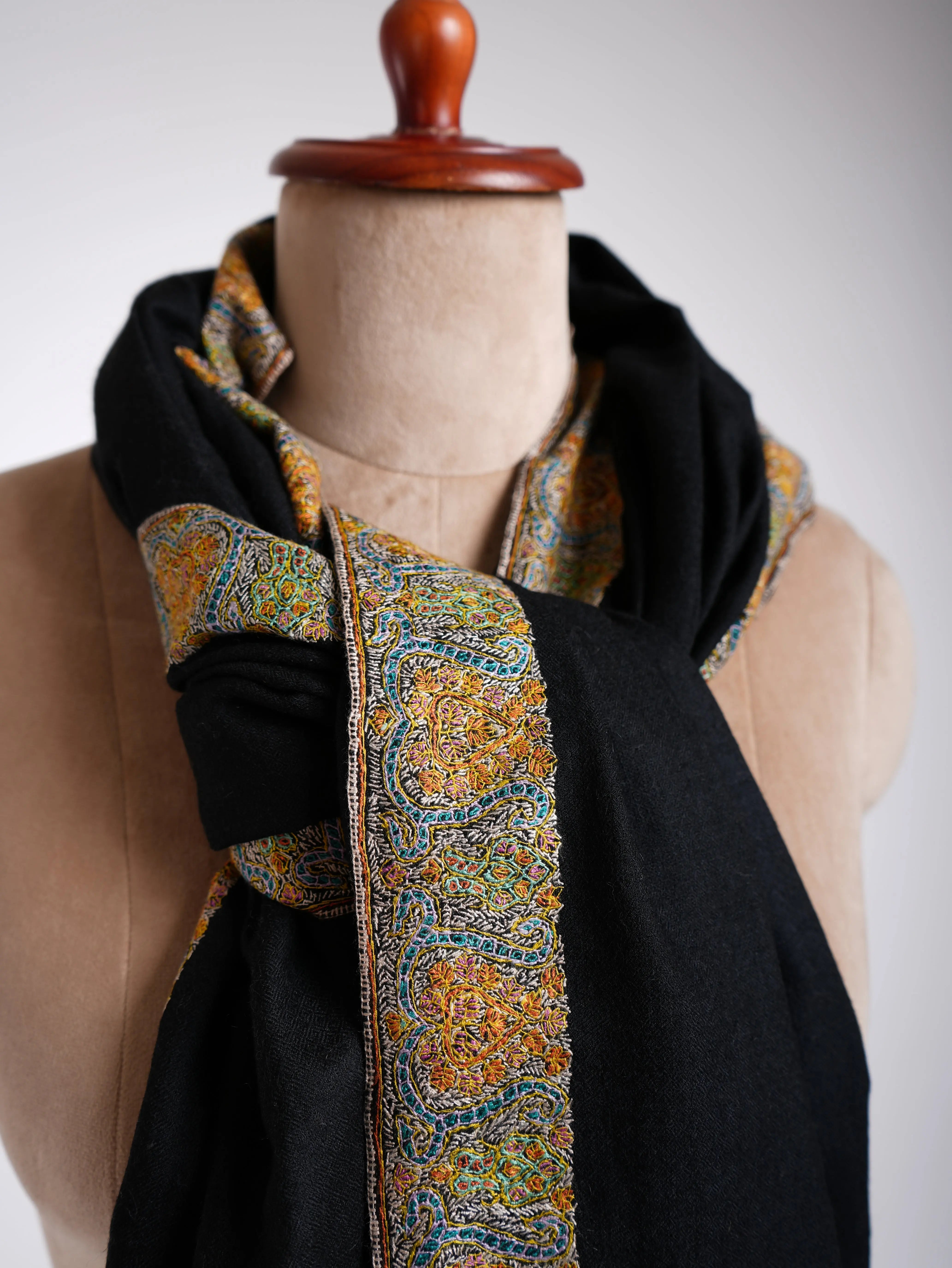 Sozni Hand Embroidery Black Pashmina Shawl Shahkaar