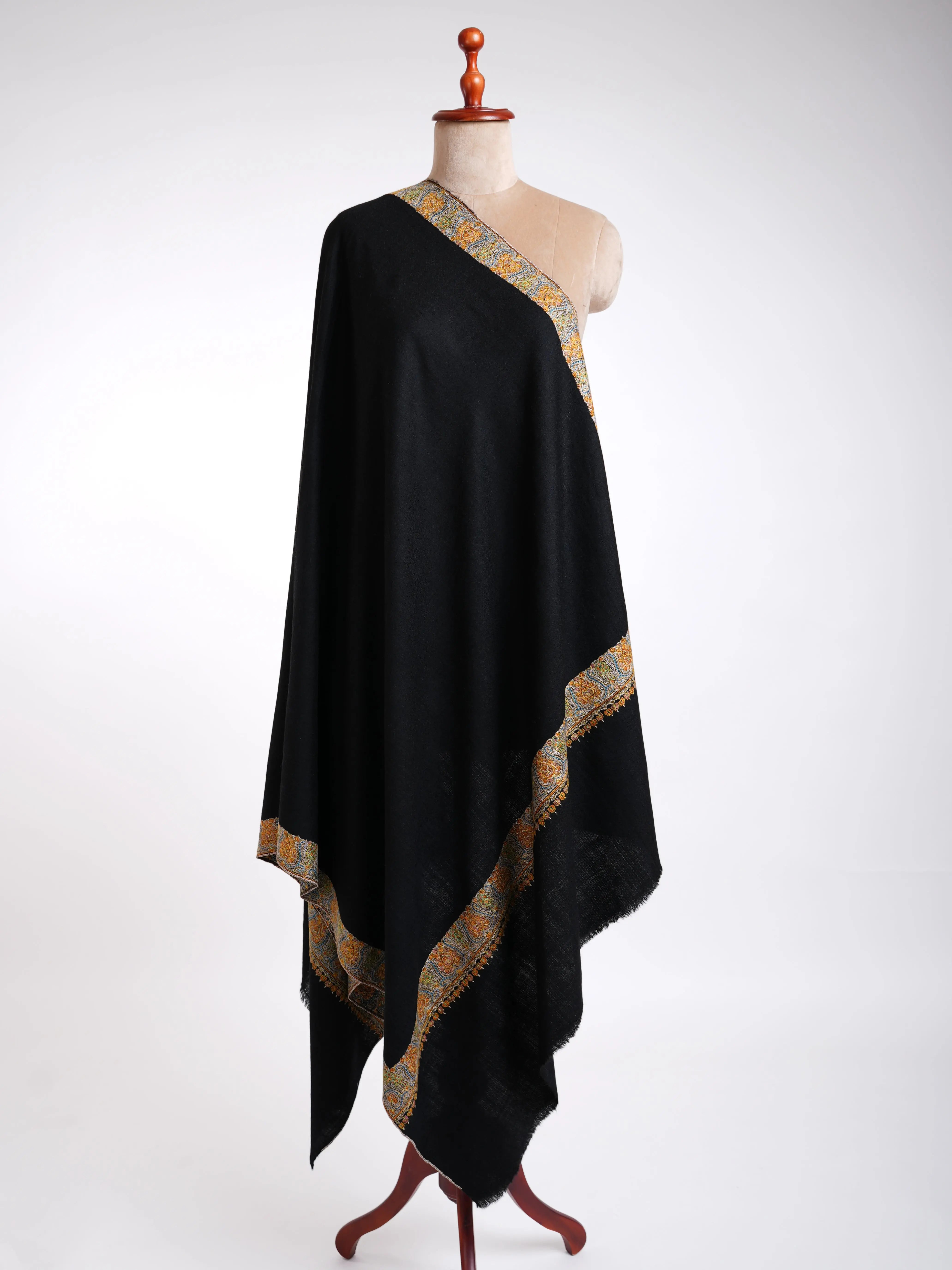 Sozni Hand Embroidery Black Pashmina Shawl Shahkaar