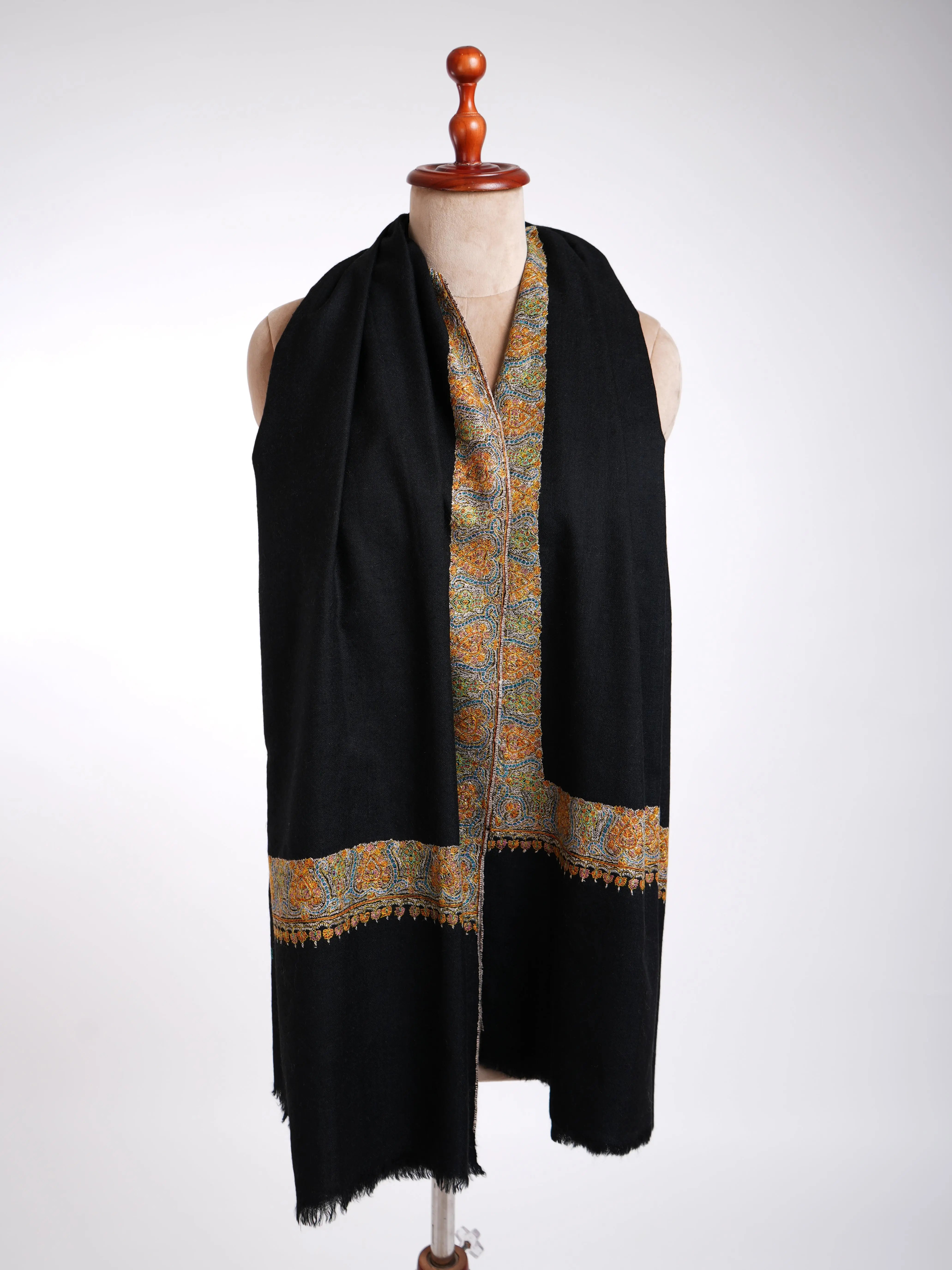 Sozni Hand Embroidery Black Pashmina Shawl Shahkaar