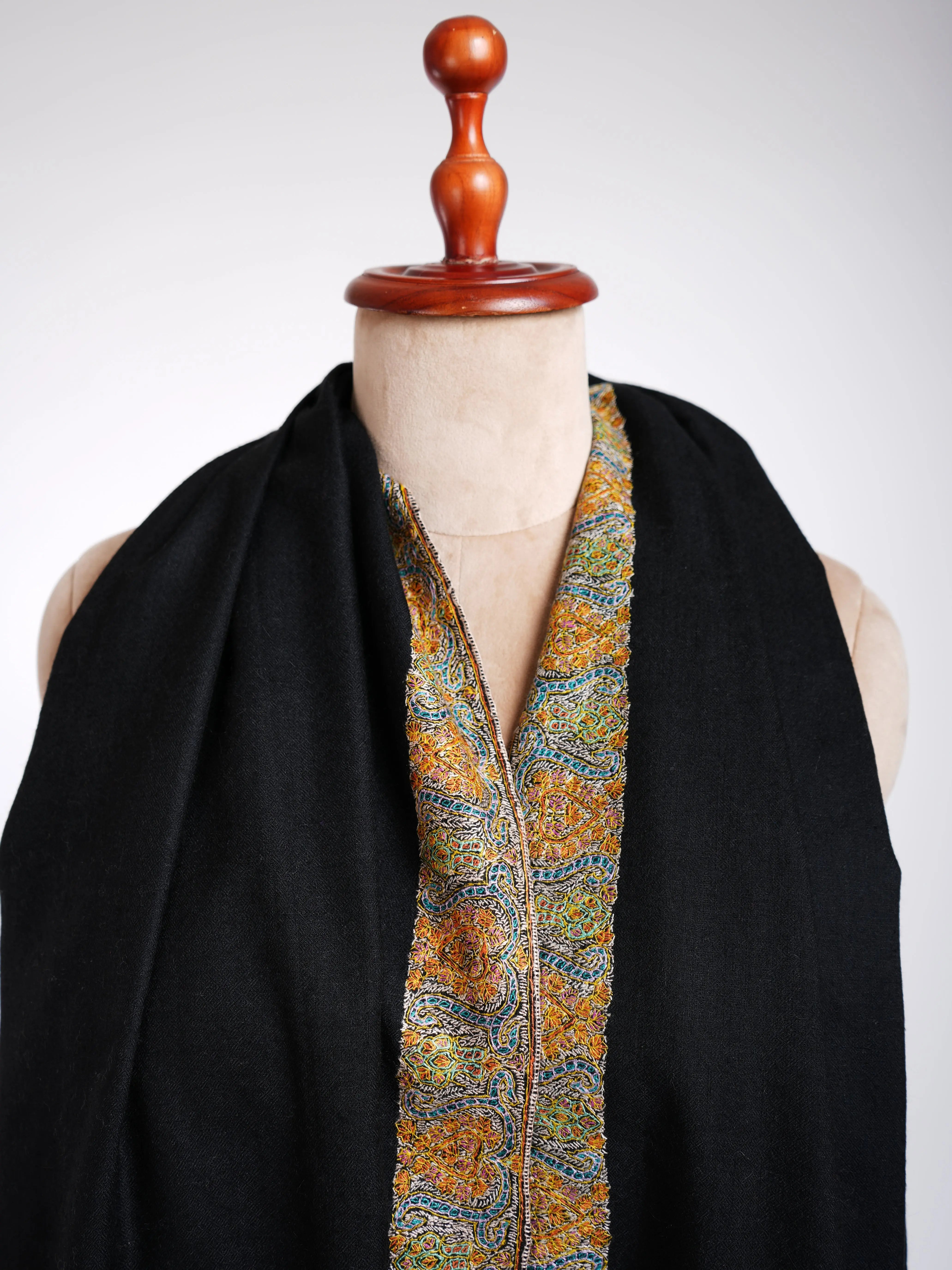 Sozni Hand Embroidery Black Pashmina Shawl Shahkaar