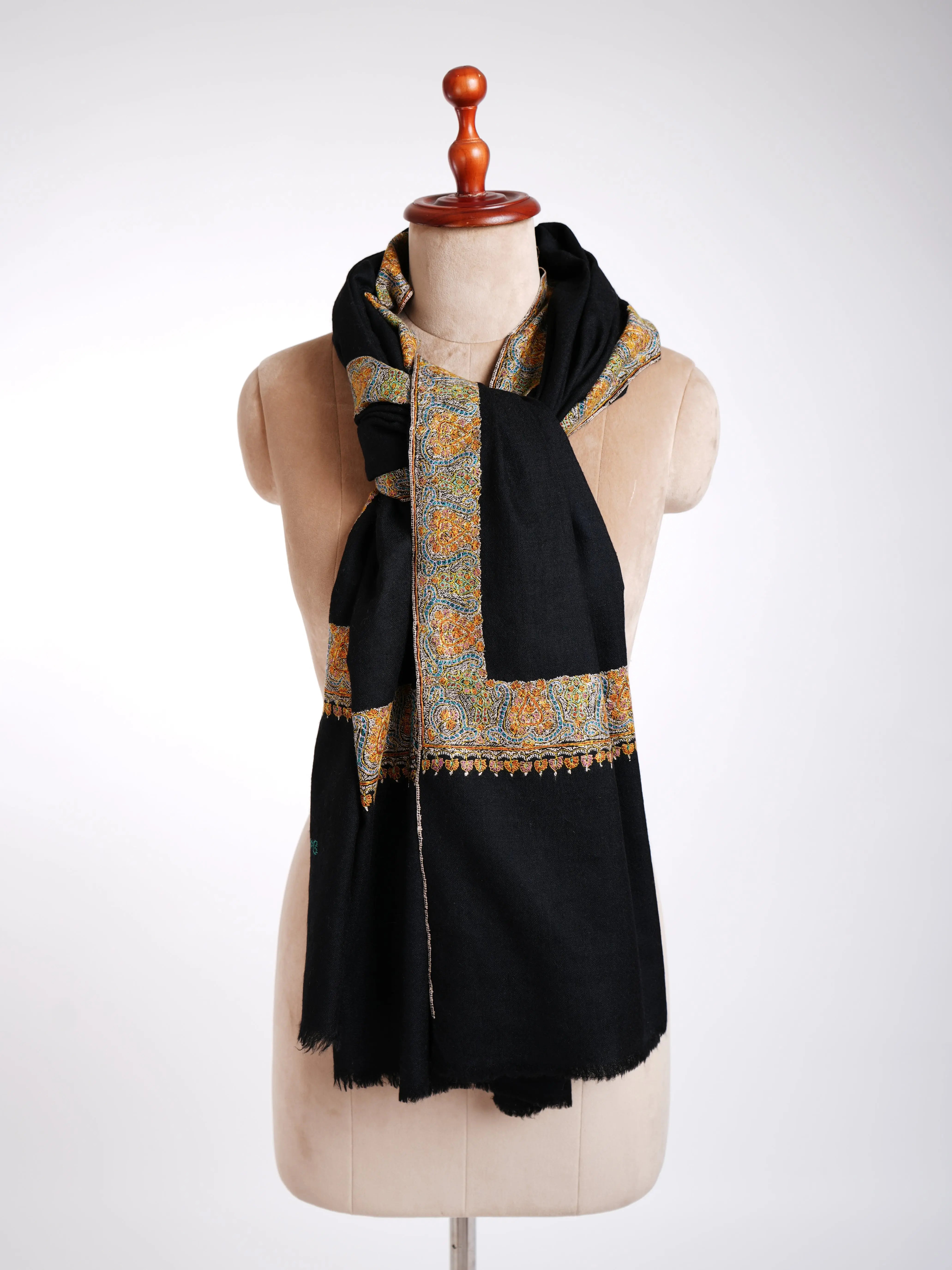 Sozni Hand Embroidery Black Pashmina Shawl Shahkaar