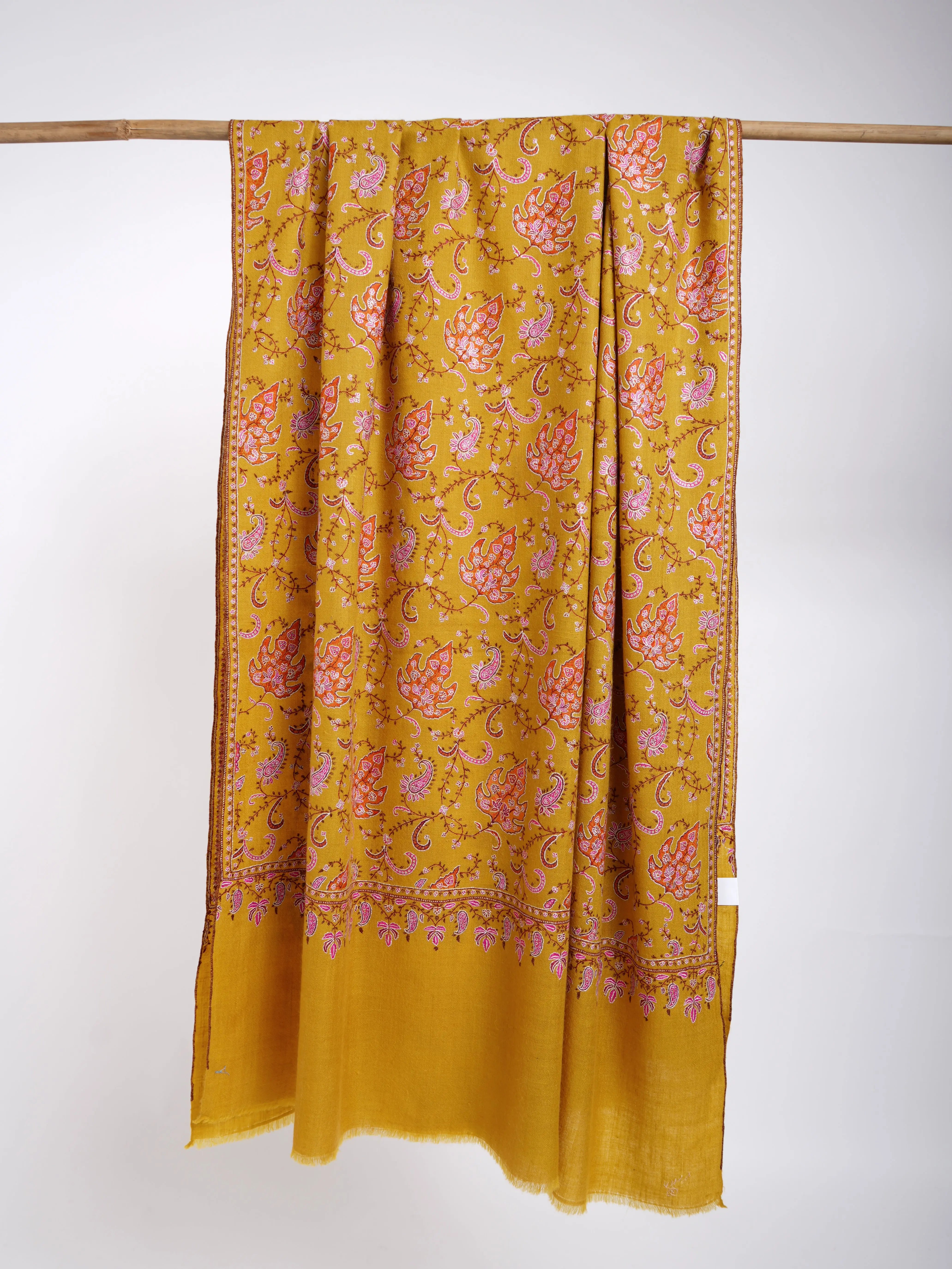Sozni Jalldar Hand Embroidered Pashmina Shawl Gold Shahkaar