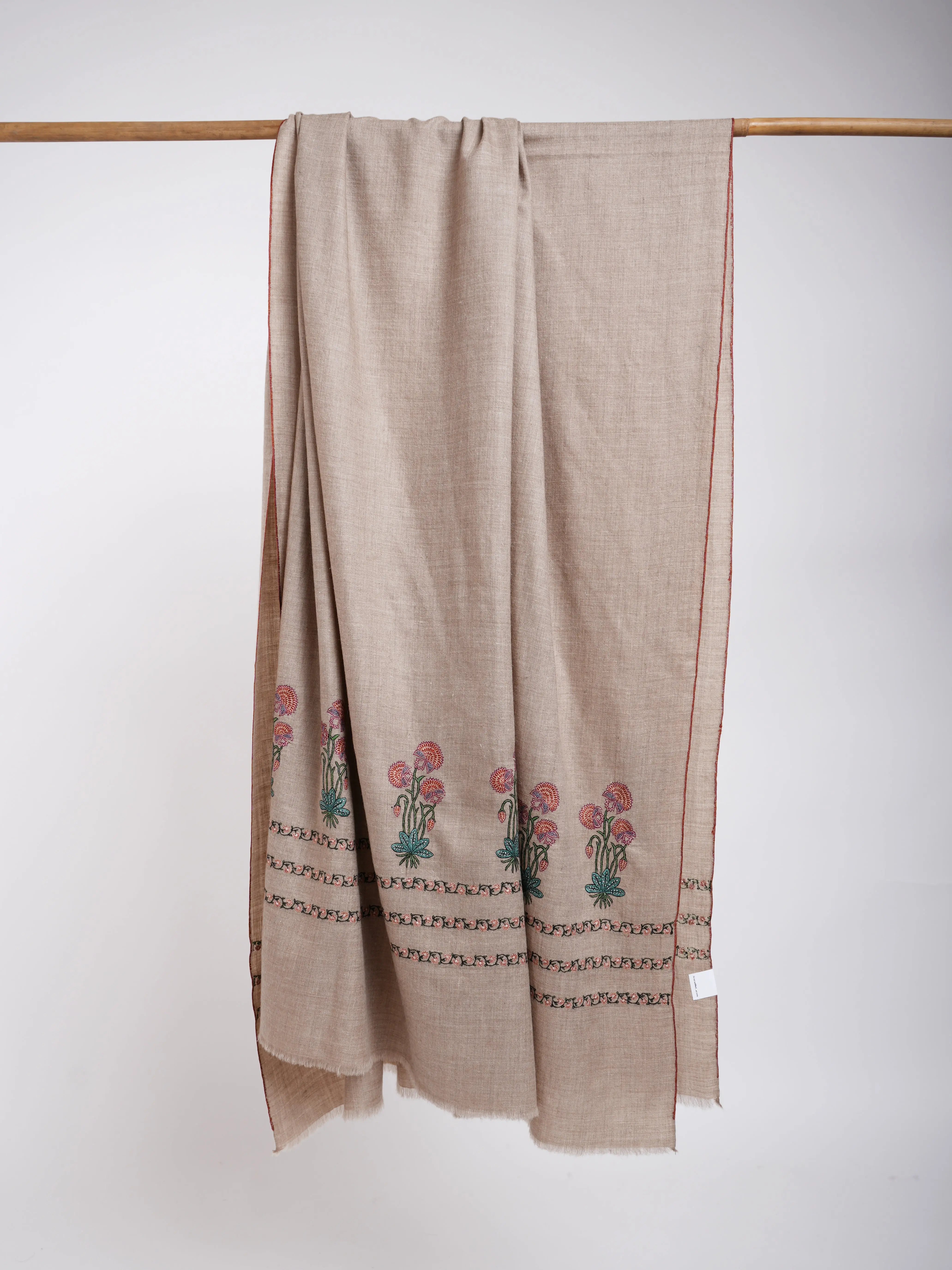 Sozni Palla Buti Hand Embroidered Pashmina Shawl Natural Shahkaar