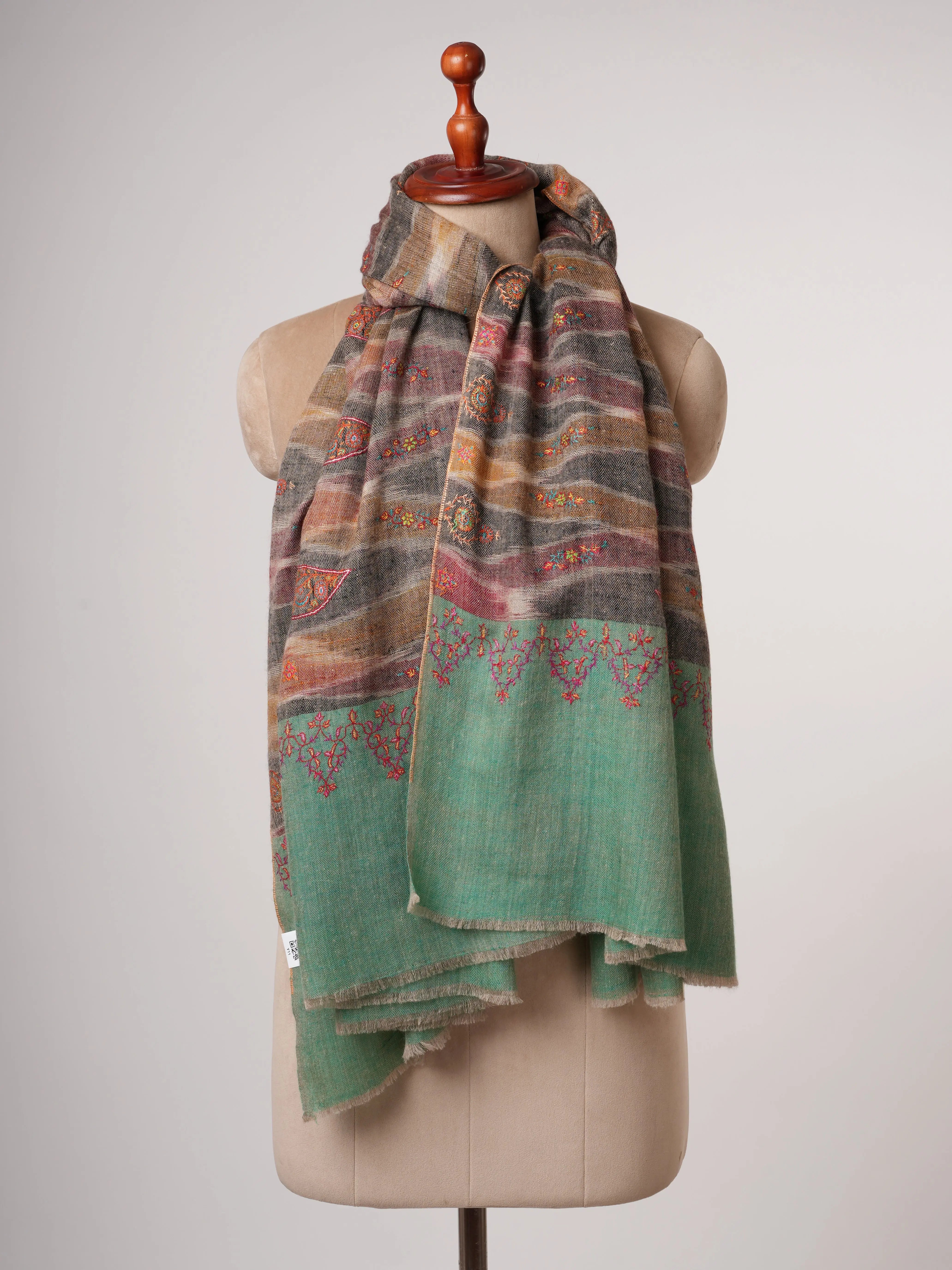 Spacedyed Ikat Kashmiri Pashmina Shawl with Fine Sozni Hand Embroidery Shahkaar