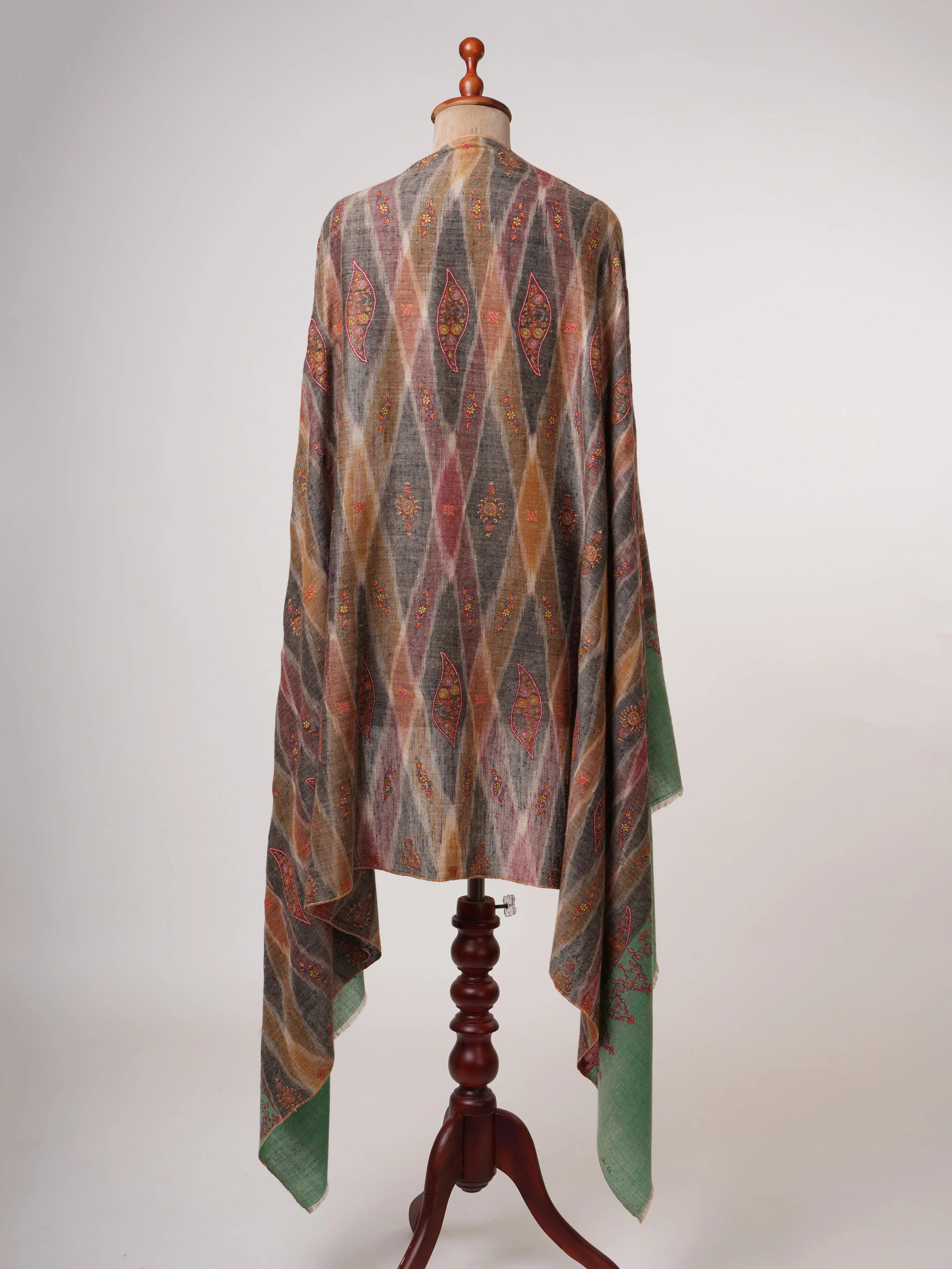 Spacedyed Ikat Kashmiri Pashmina Shawl with Fine Sozni Hand Embroidery Shahkaar