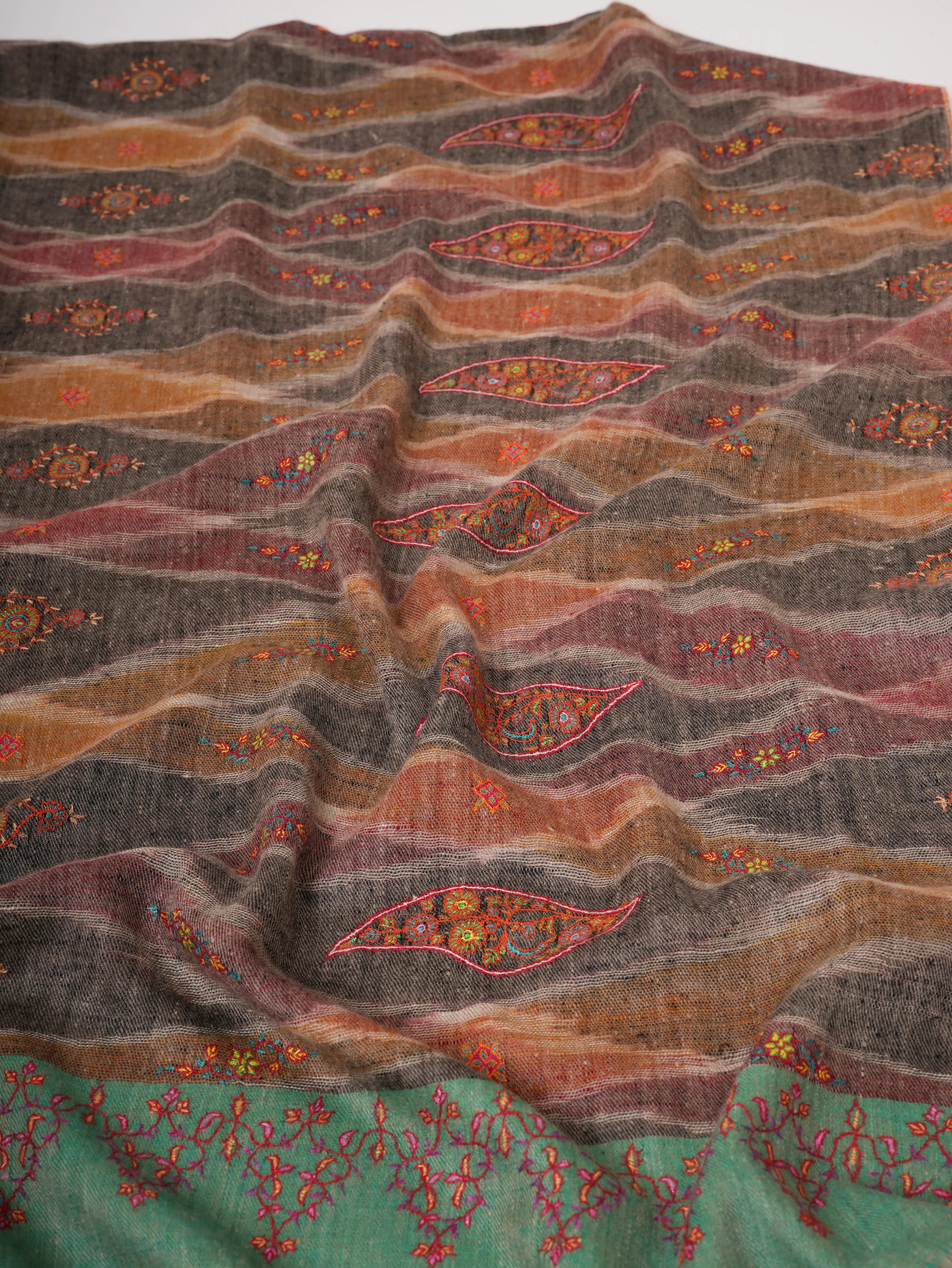 Spacedyed Ikat Kashmiri Pashmina Shawl with Fine Sozni Hand Embroidery Shahkaar
