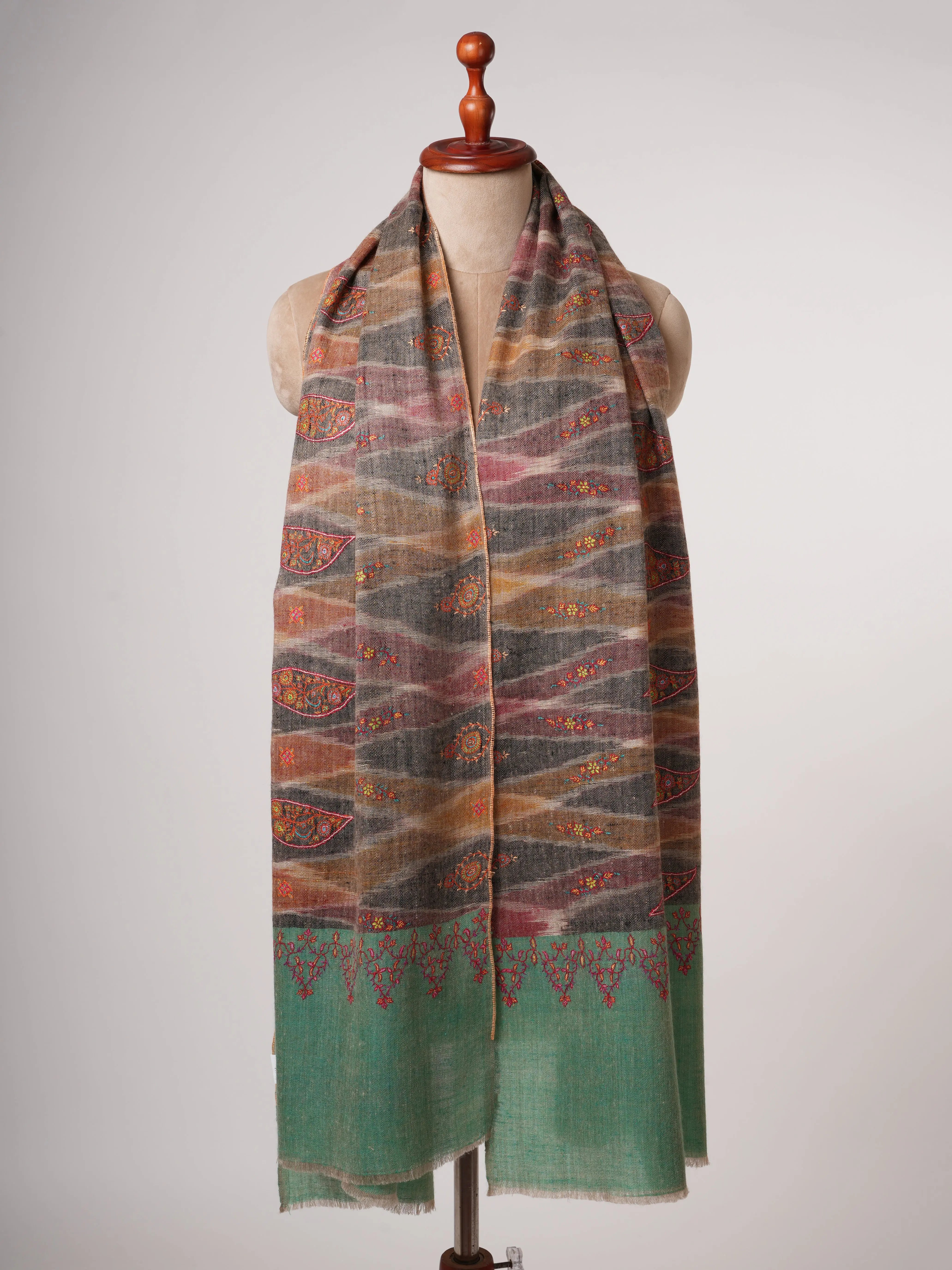 Spacedyed Ikat Kashmiri Pashmina Shawl with Fine Sozni Hand Embroidery Shahkaar