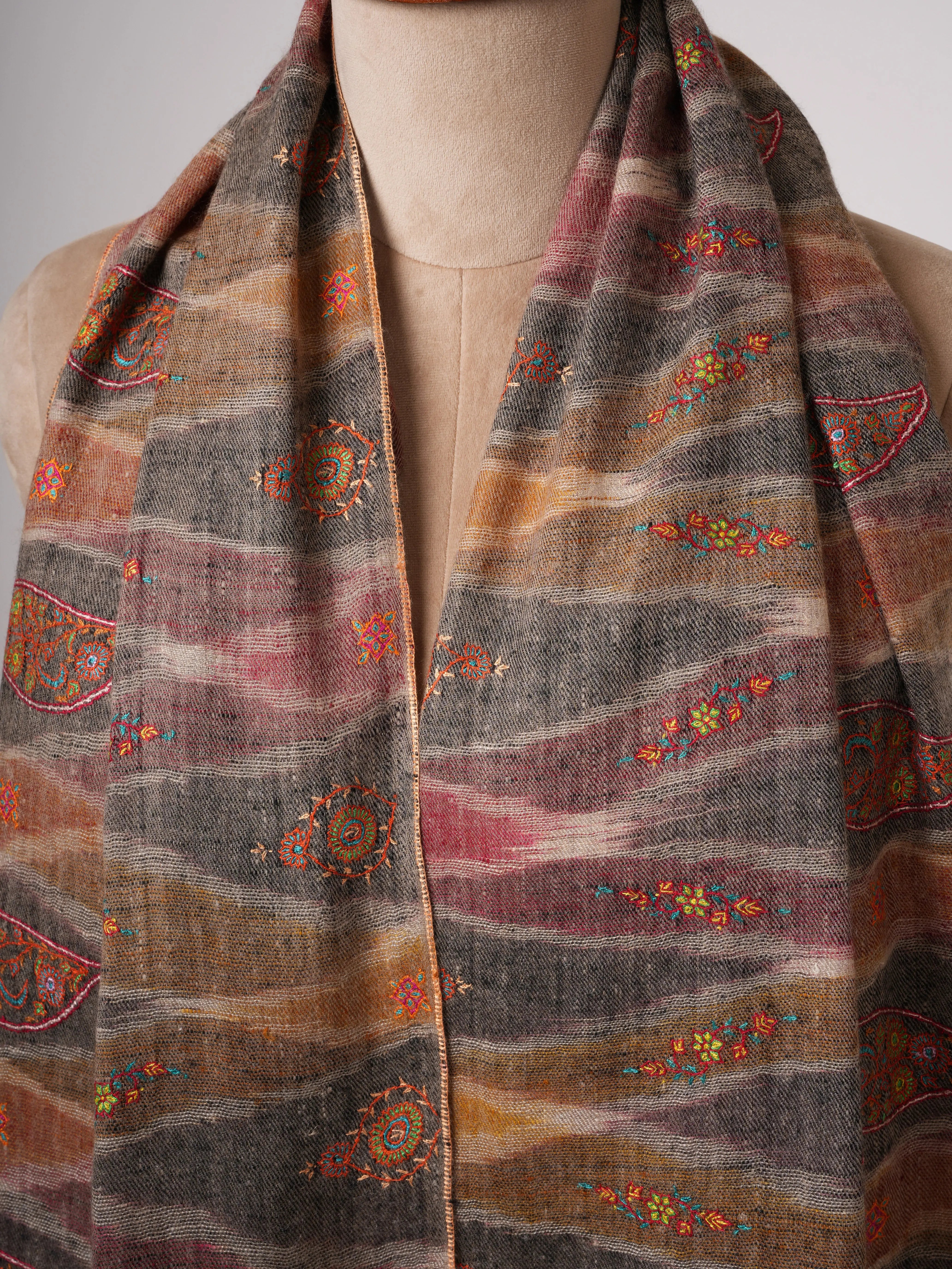 Spacedyed Ikat Kashmiri Pashmina Shawl with Fine Sozni Hand Embroidery Shahkaar