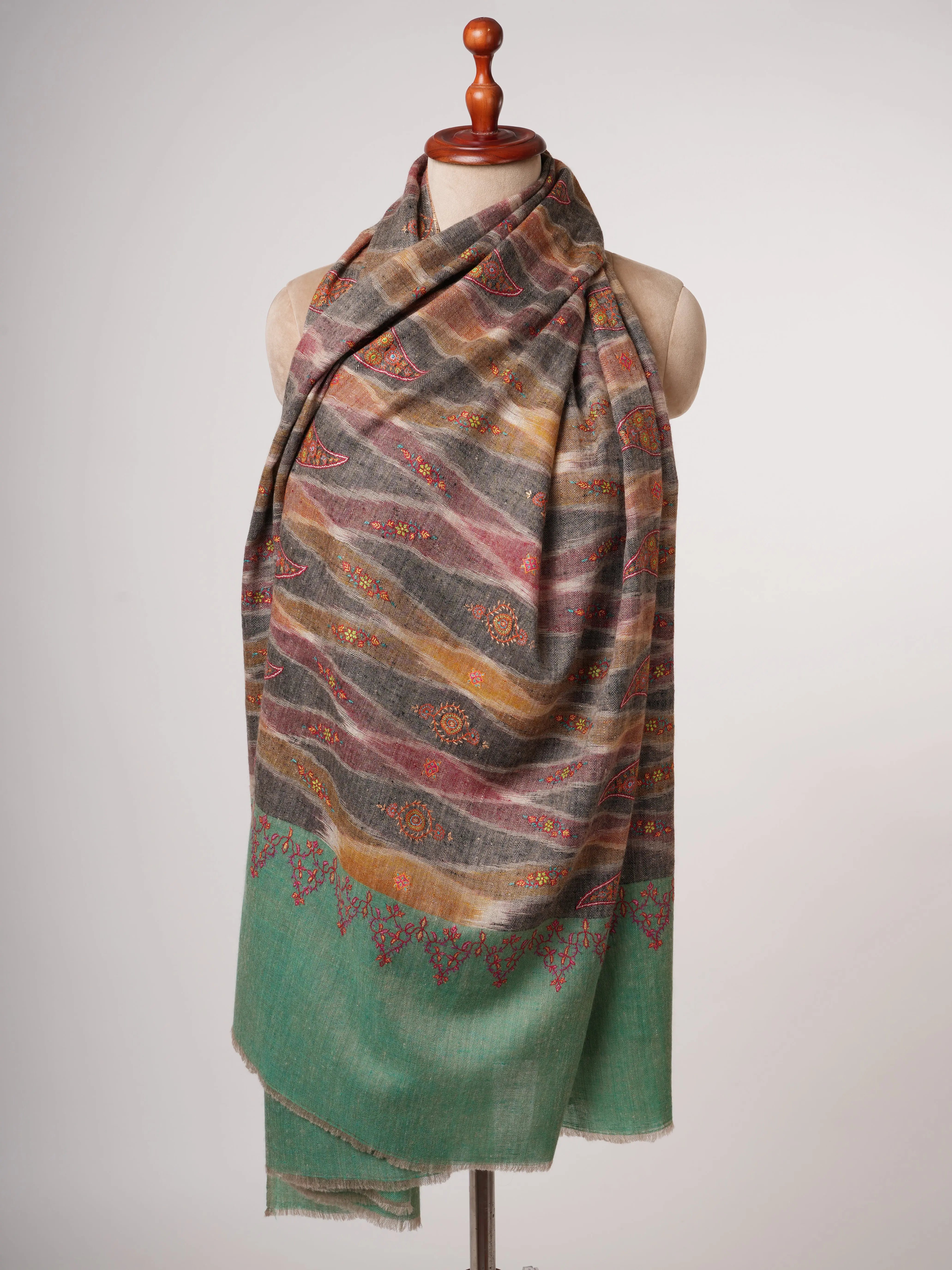 Spacedyed Ikat Kashmiri Pashmina Shawl with Fine Sozni Hand Embroidery Shahkaar