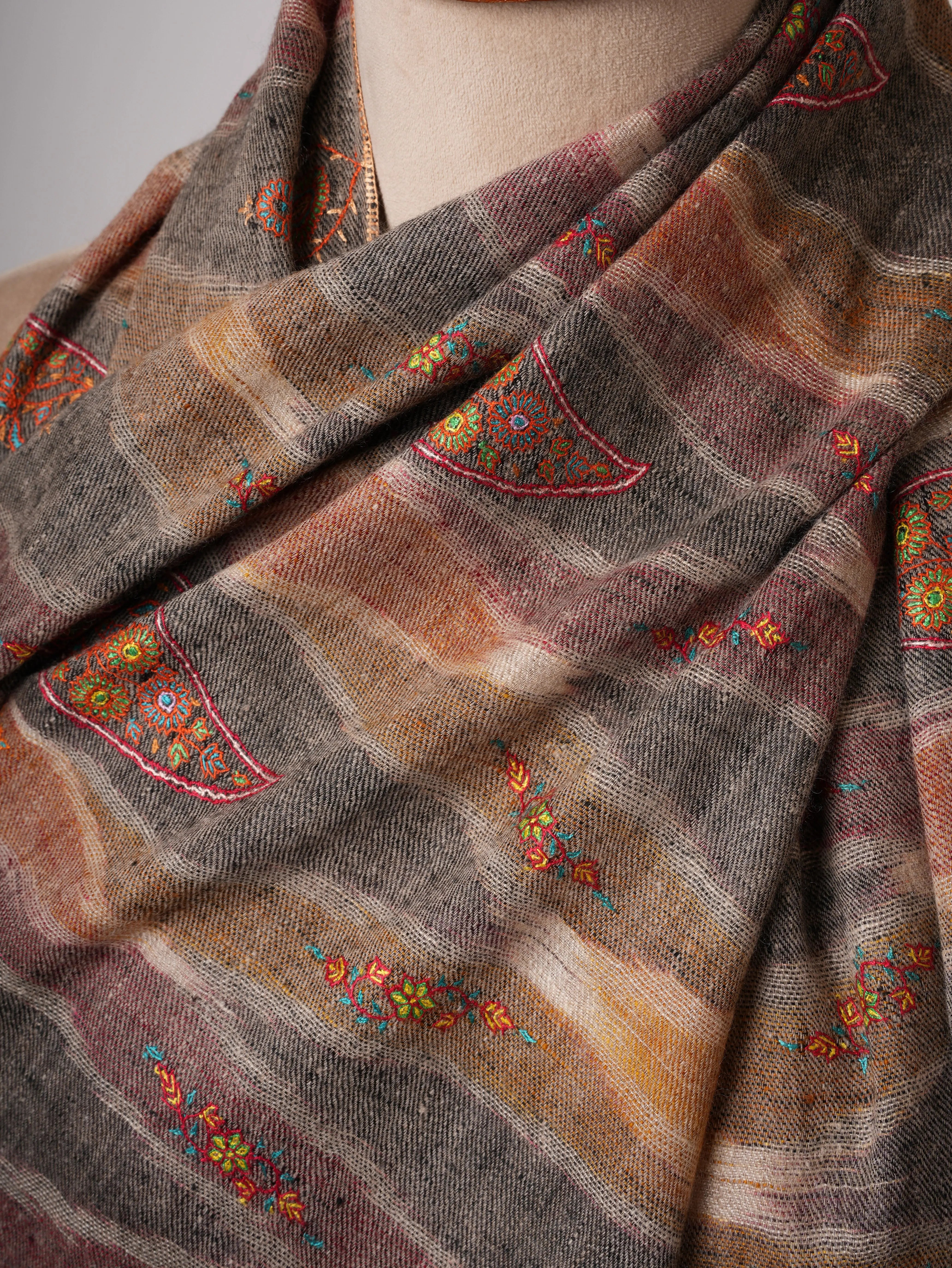 Spacedyed Ikat Kashmiri Pashmina Shawl with Fine Sozni Hand Embroidery Shahkaar