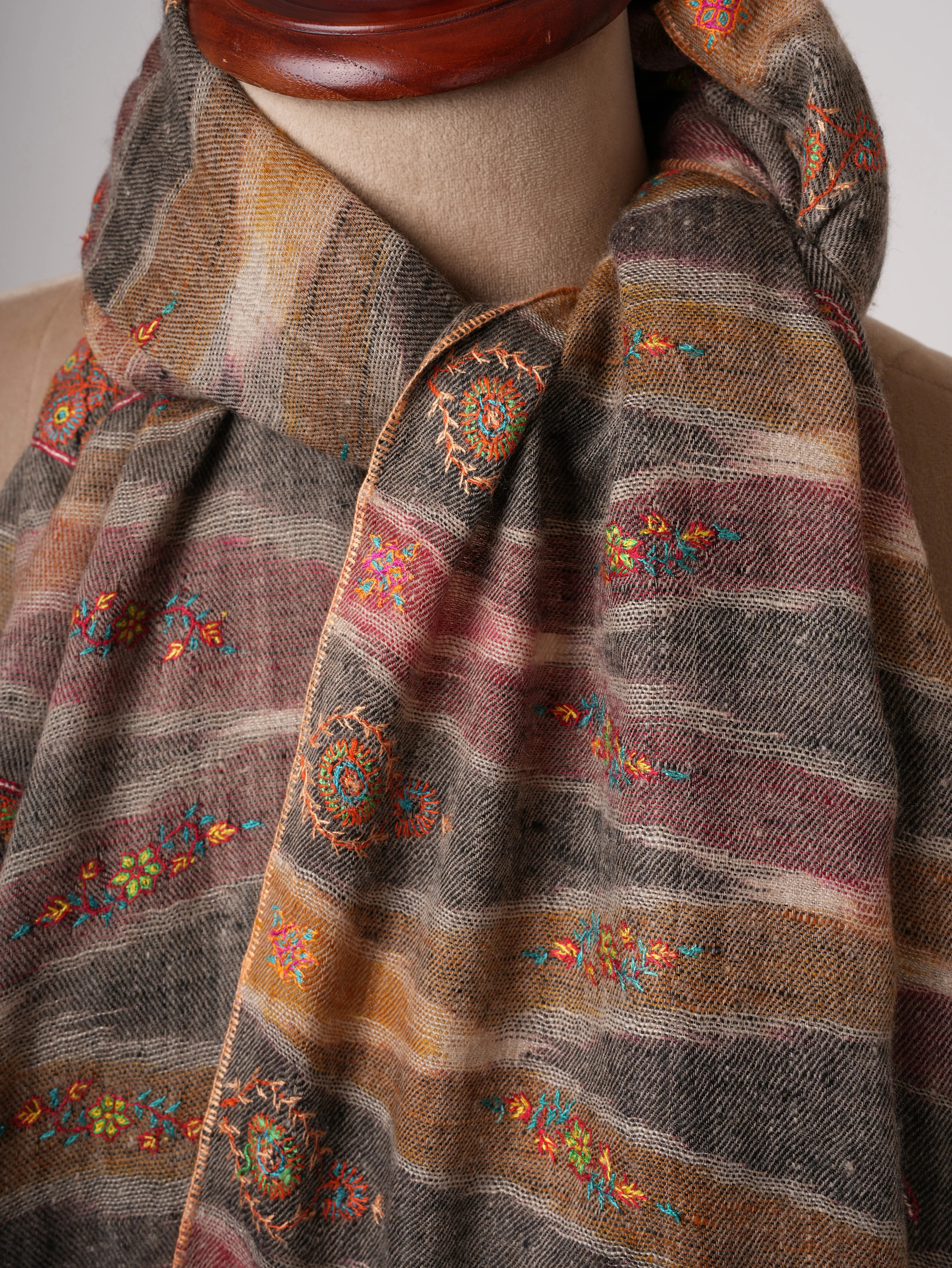 Spacedyed Ikat Kashmiri Pashmina Shawl with Fine Sozni Hand Embroidery Shahkaar