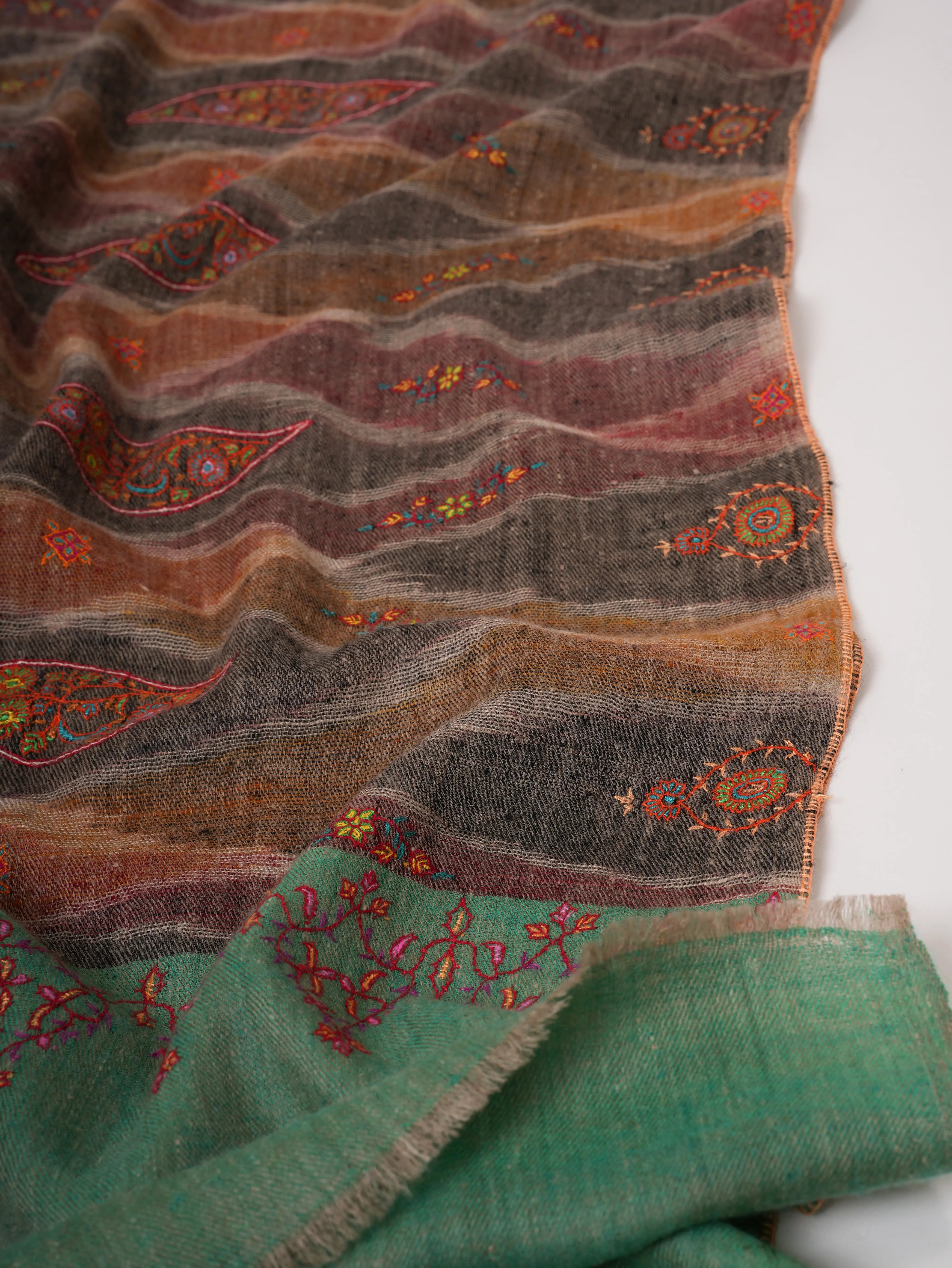 Spacedyed Ikat Kashmiri Pashmina Shawl with Fine Sozni Hand Embroidery Shahkaar
