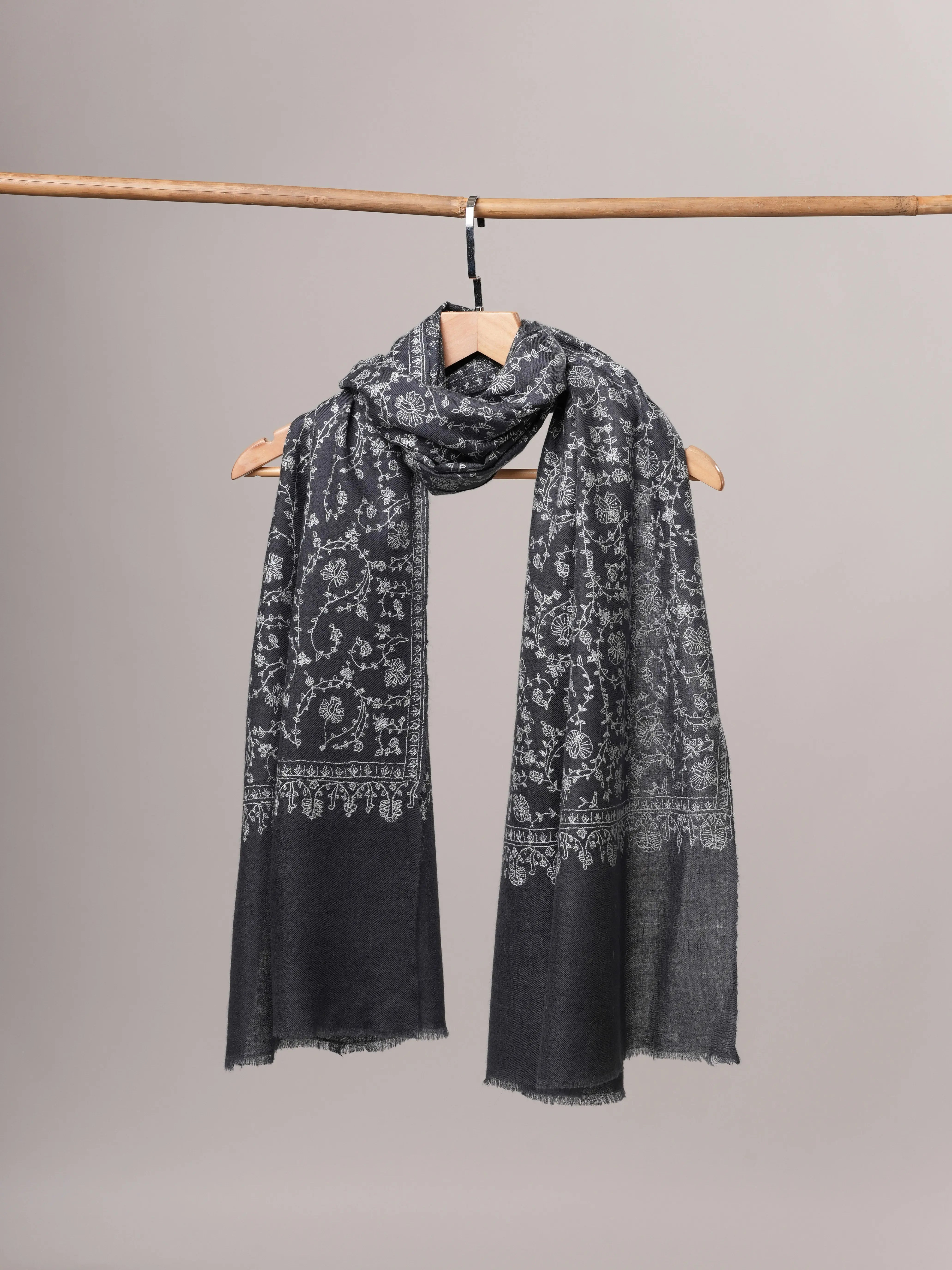 Steel Grey Cashmere Scarf with All Over Hand Embroidery Shahkaar