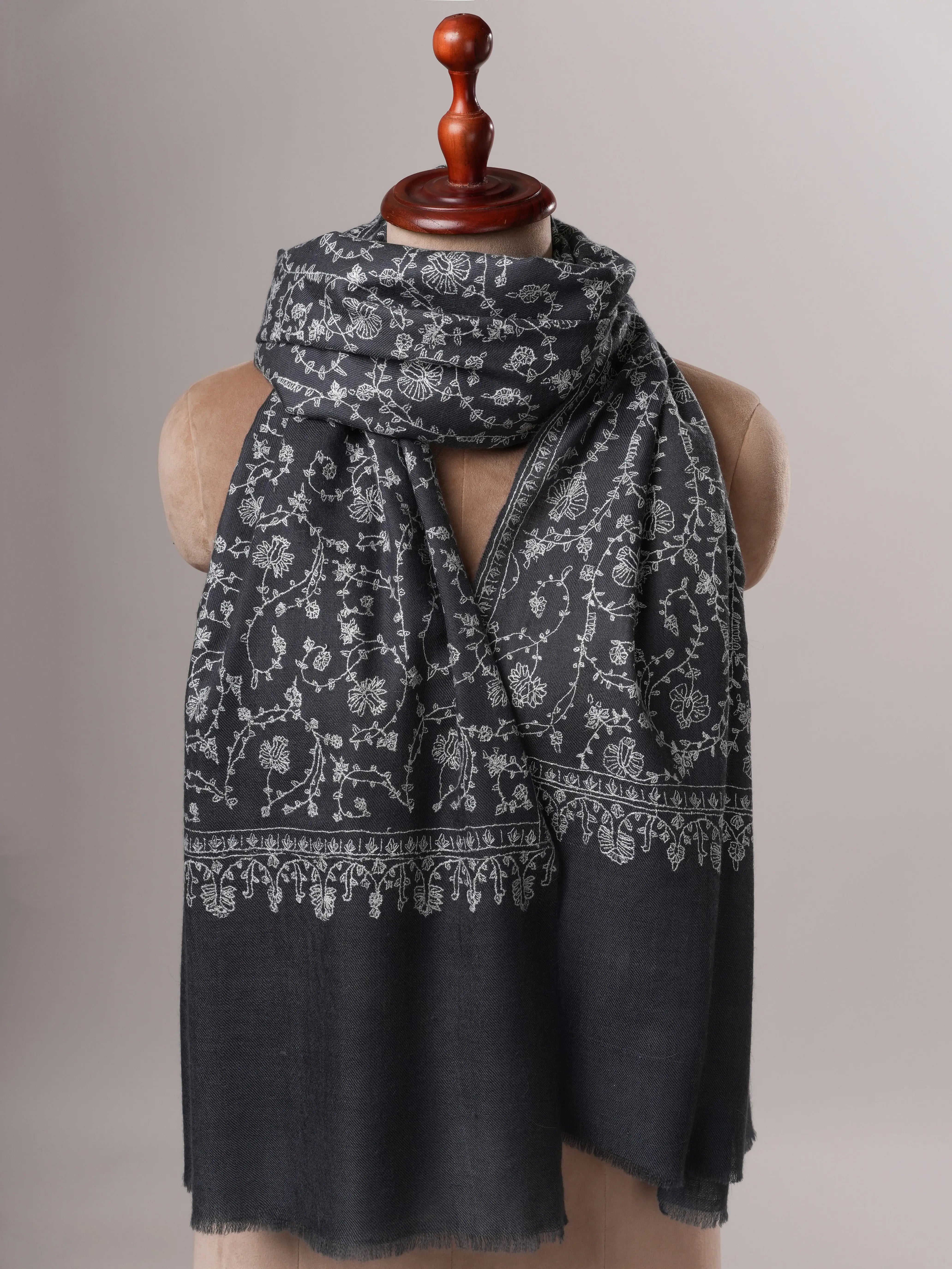 Steel Grey Cashmere Scarf with All Over Hand Embroidery Shahkaar