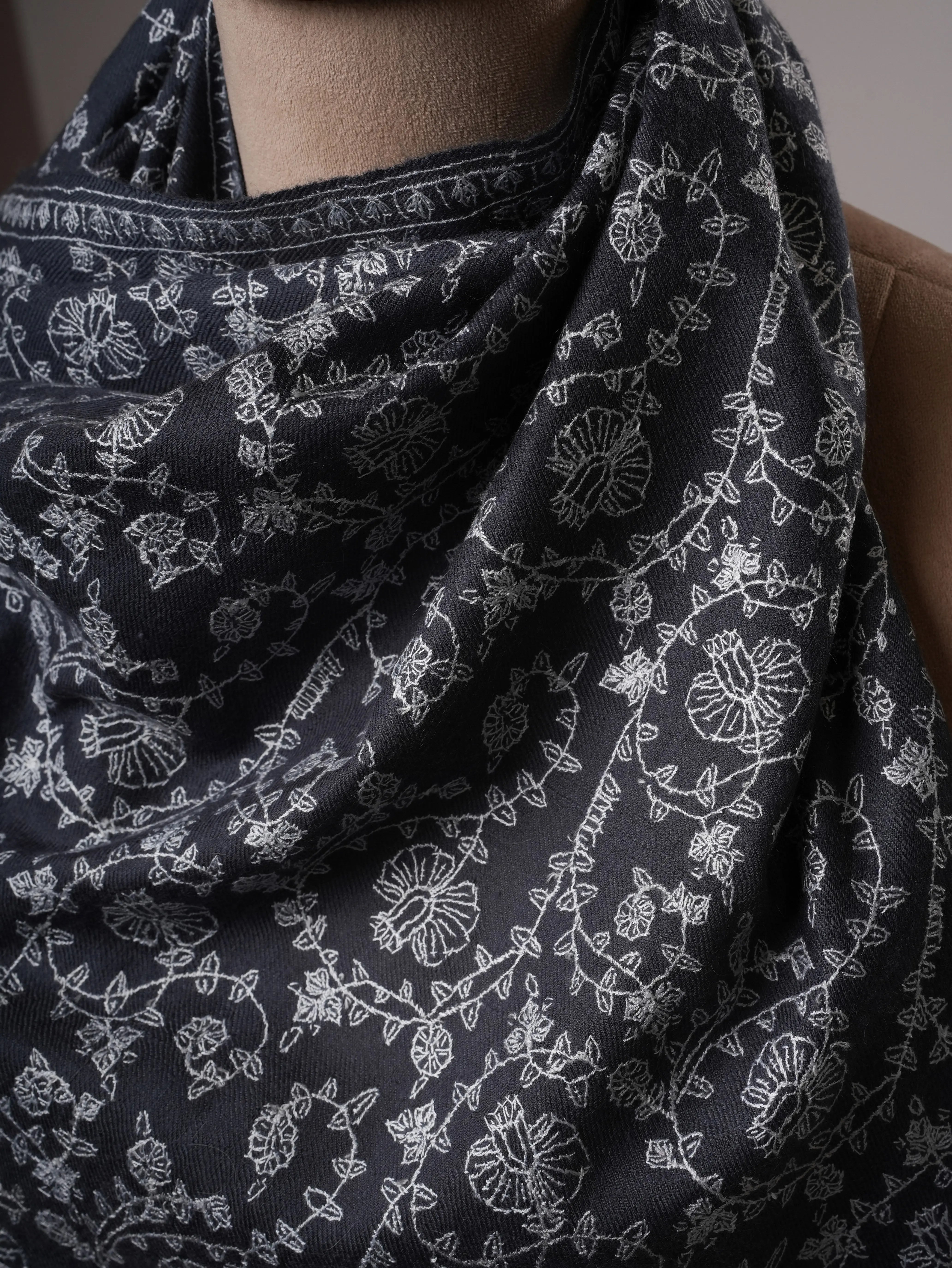 Steel Grey Cashmere Scarf with All Over Hand Embroidery Shahkaar