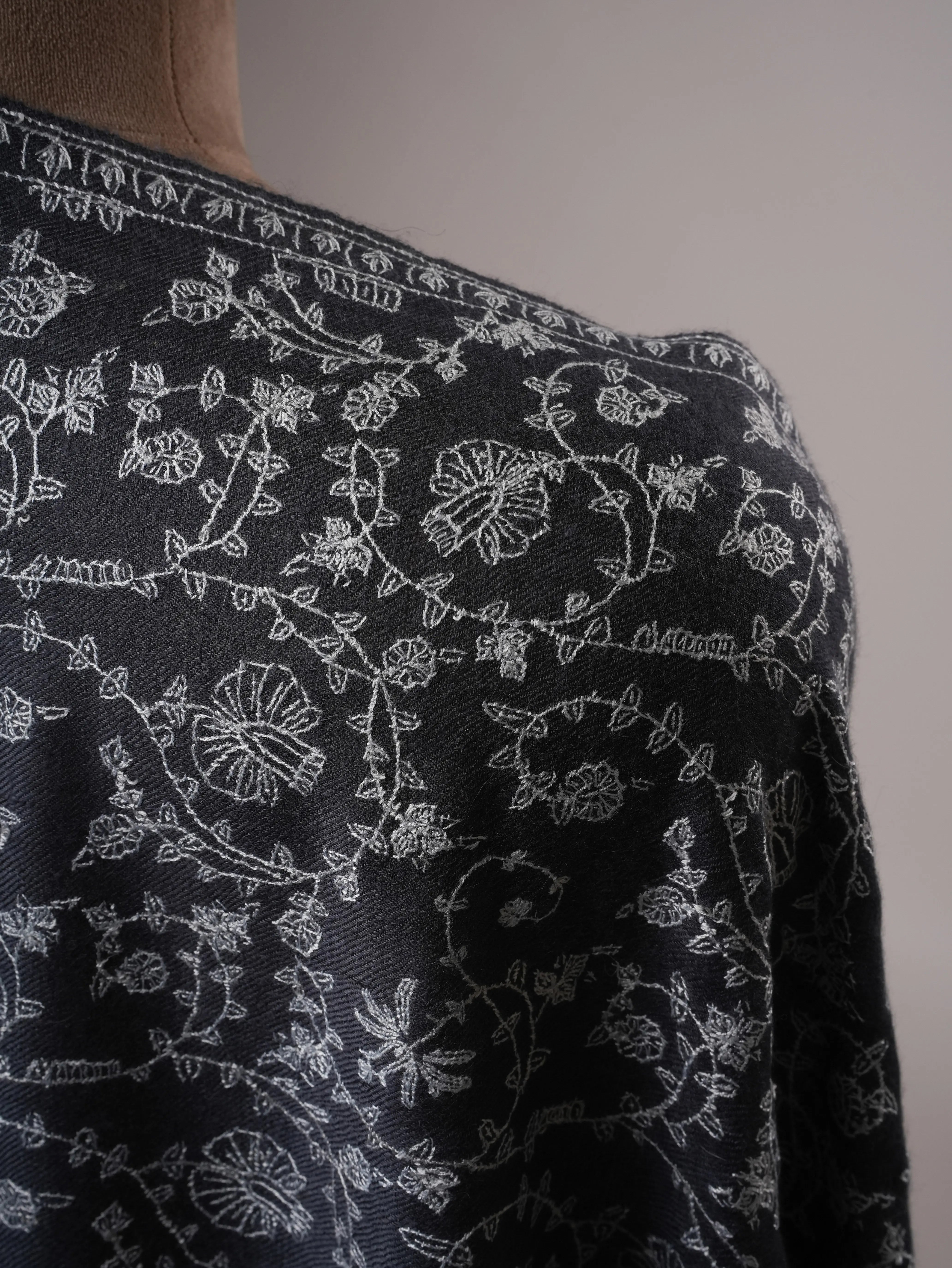 Steel Grey Cashmere Scarf with All Over Hand Embroidery Shahkaar