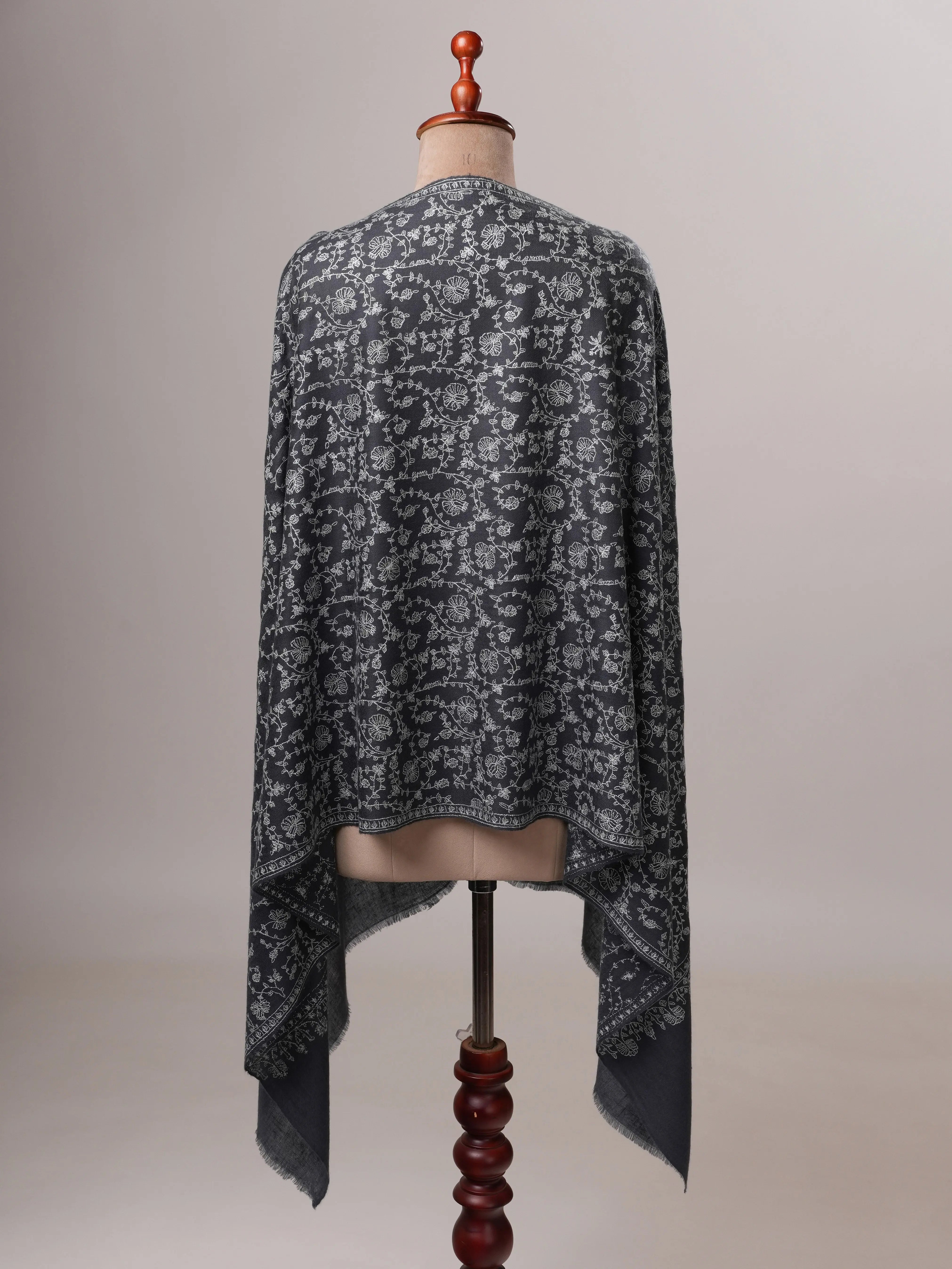 Steel Grey Cashmere Scarf with All Over Hand Embroidery Shahkaar