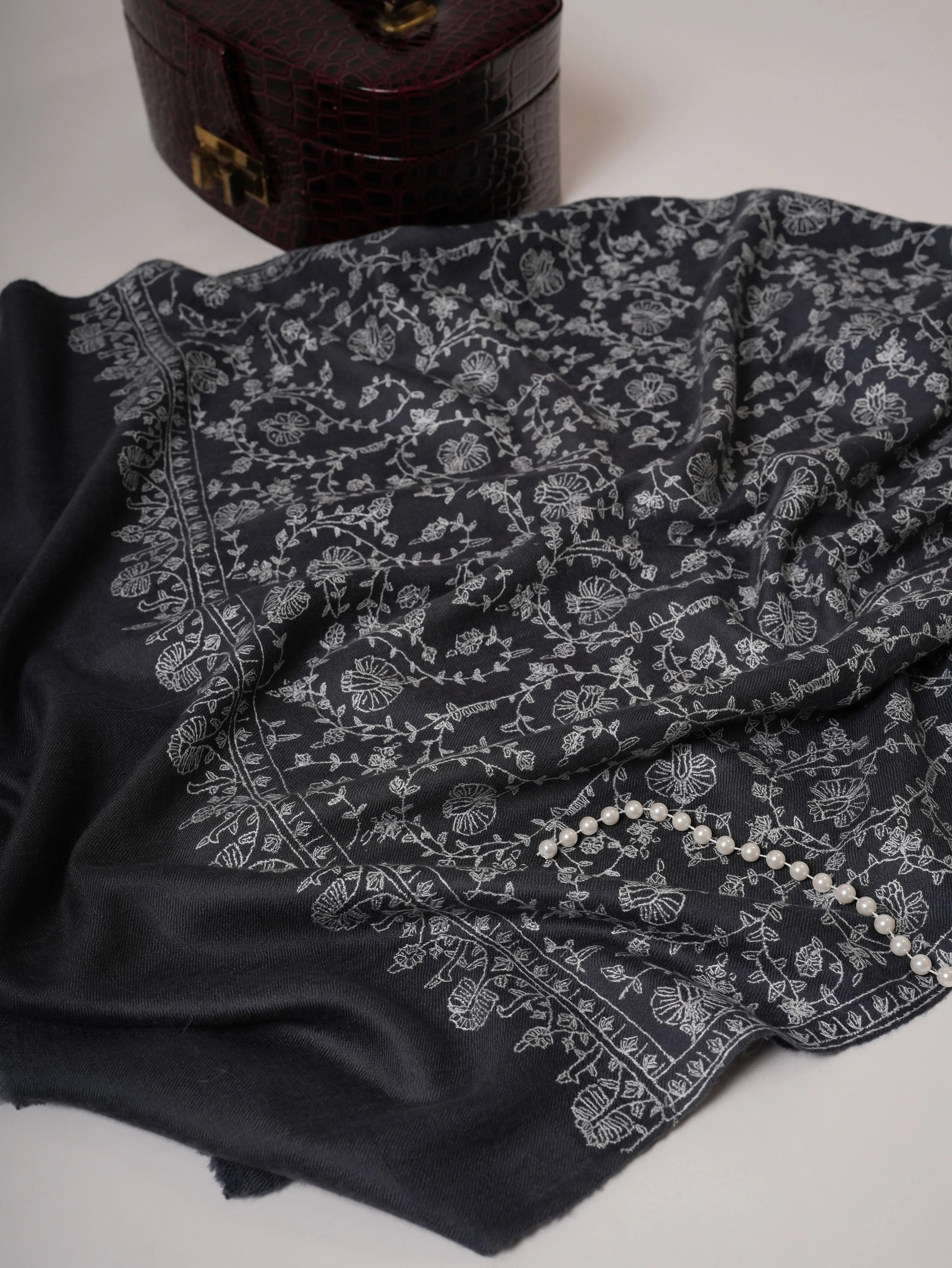 Steel Grey Cashmere Scarf with All Over Hand Embroidery Shahkaar