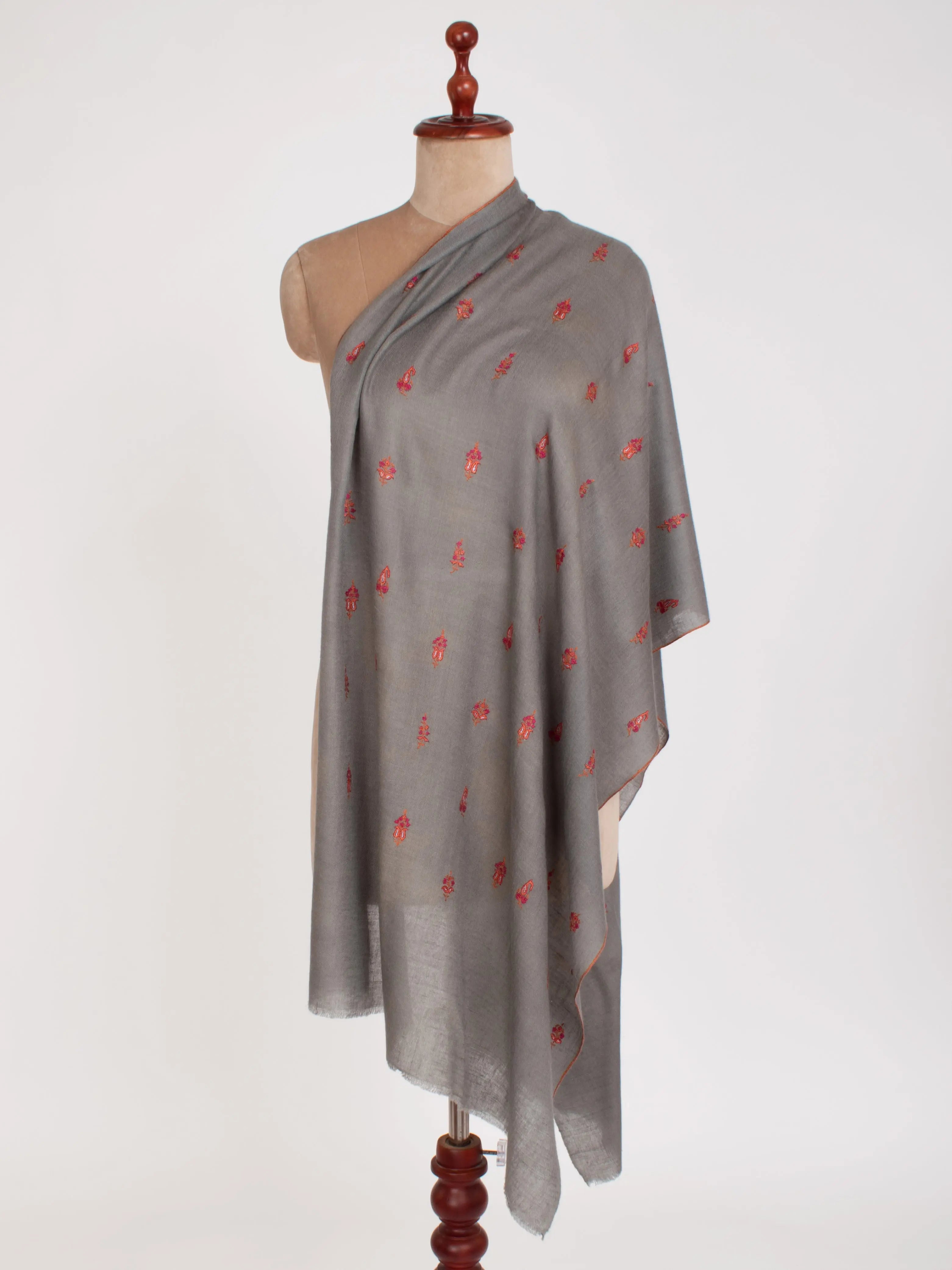 Steel Grey Paisley Embroidered Motif Cashmere Scarf Shahkaar