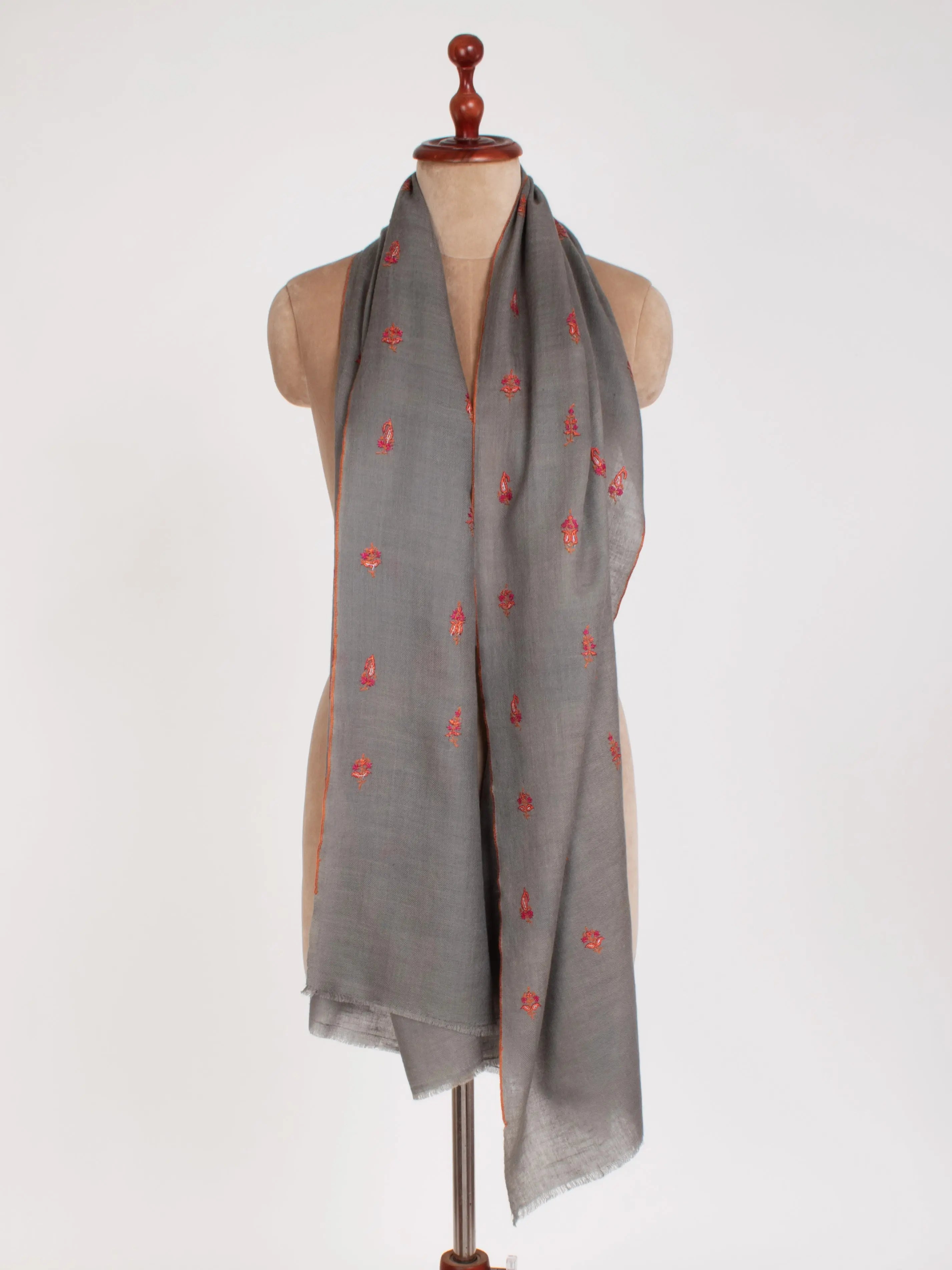 Steel Grey Paisley Embroidered Motif Cashmere Scarf Shahkaar