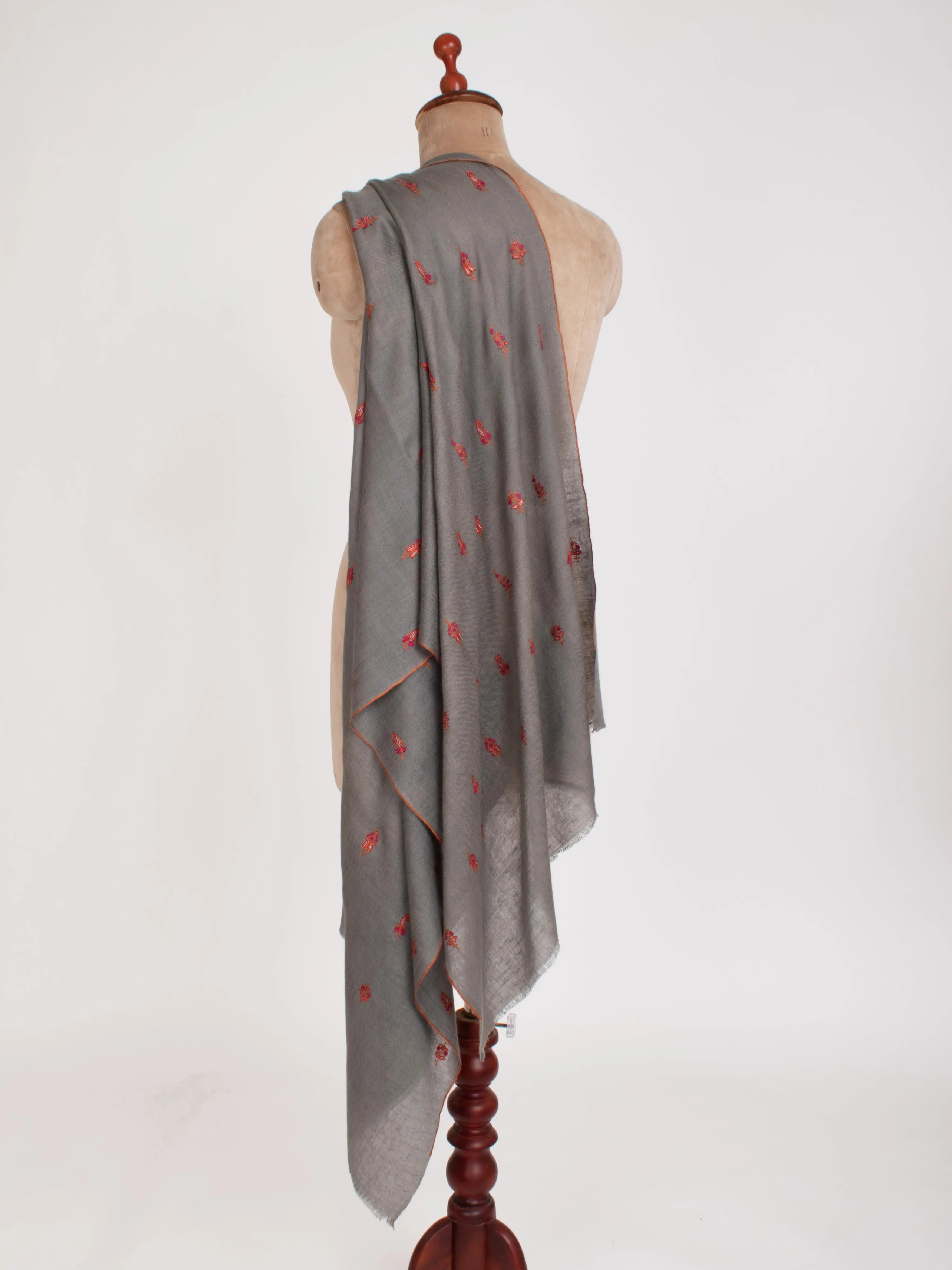 Steel Grey Paisley Embroidered Motif Cashmere Scarf Shahkaar
