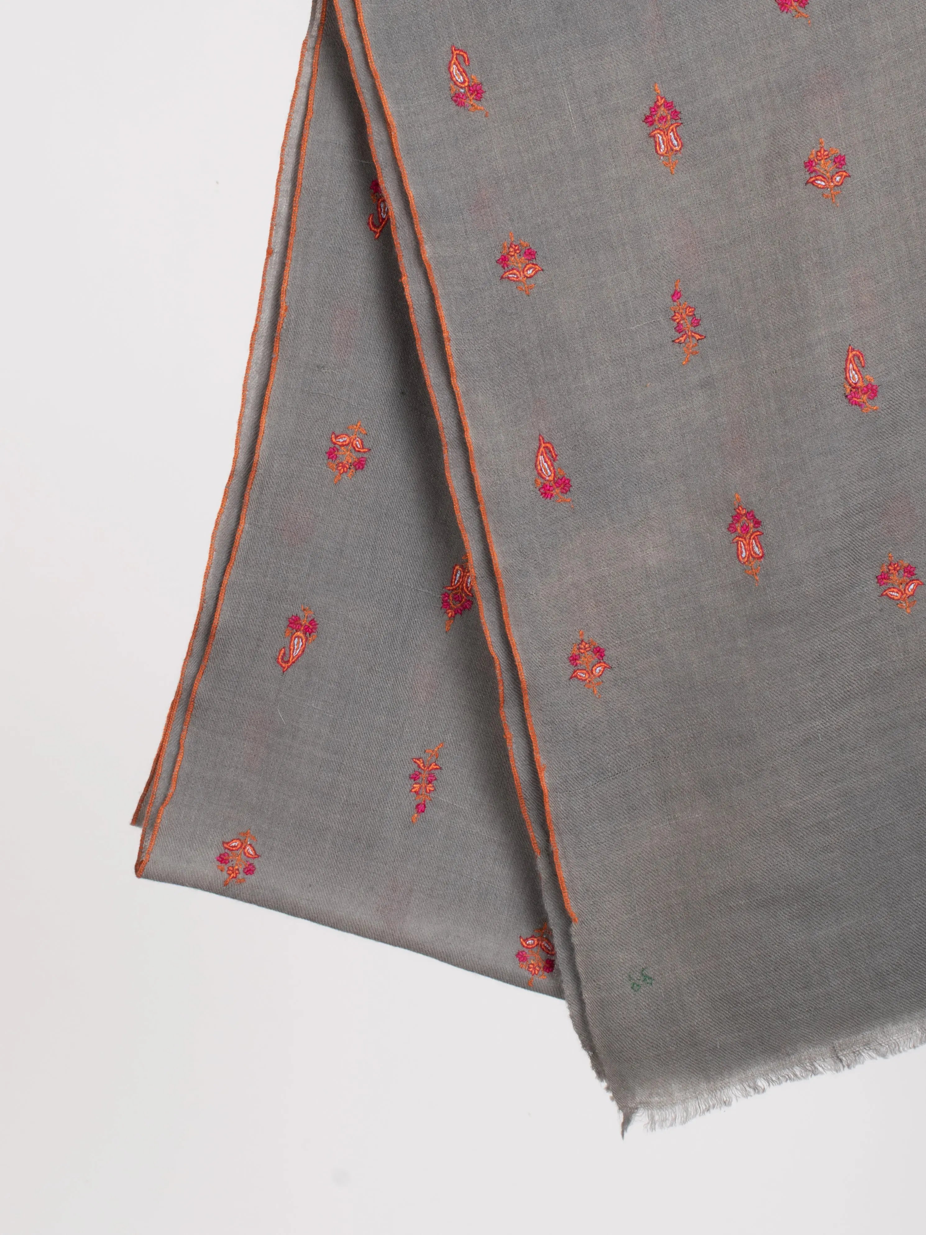 Steel Grey Paisley Embroidered Motif Cashmere Scarf Shahkaar