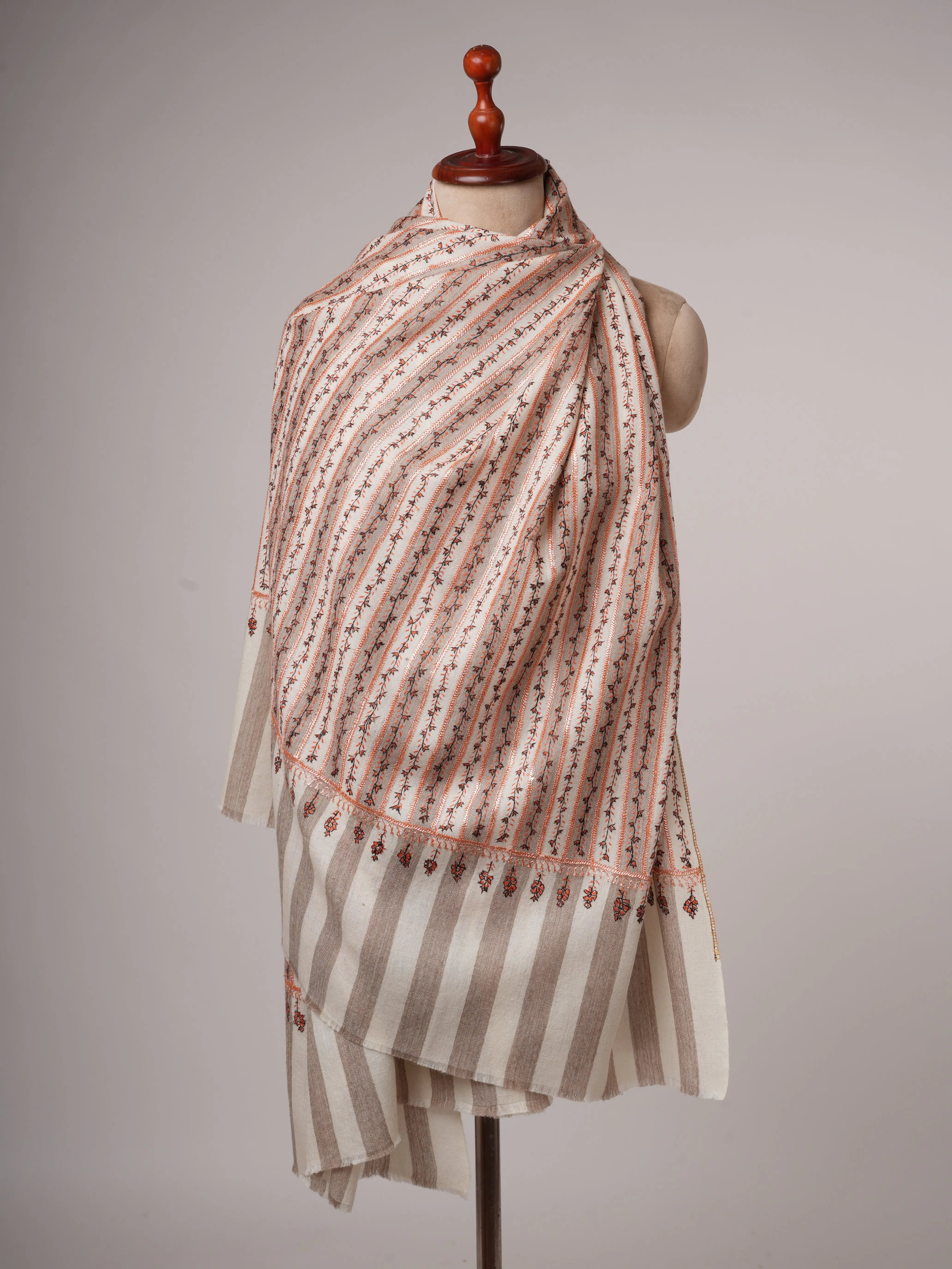 Striped Fine Wool Shawl with Hand Tilla Embroidery Shahkaar