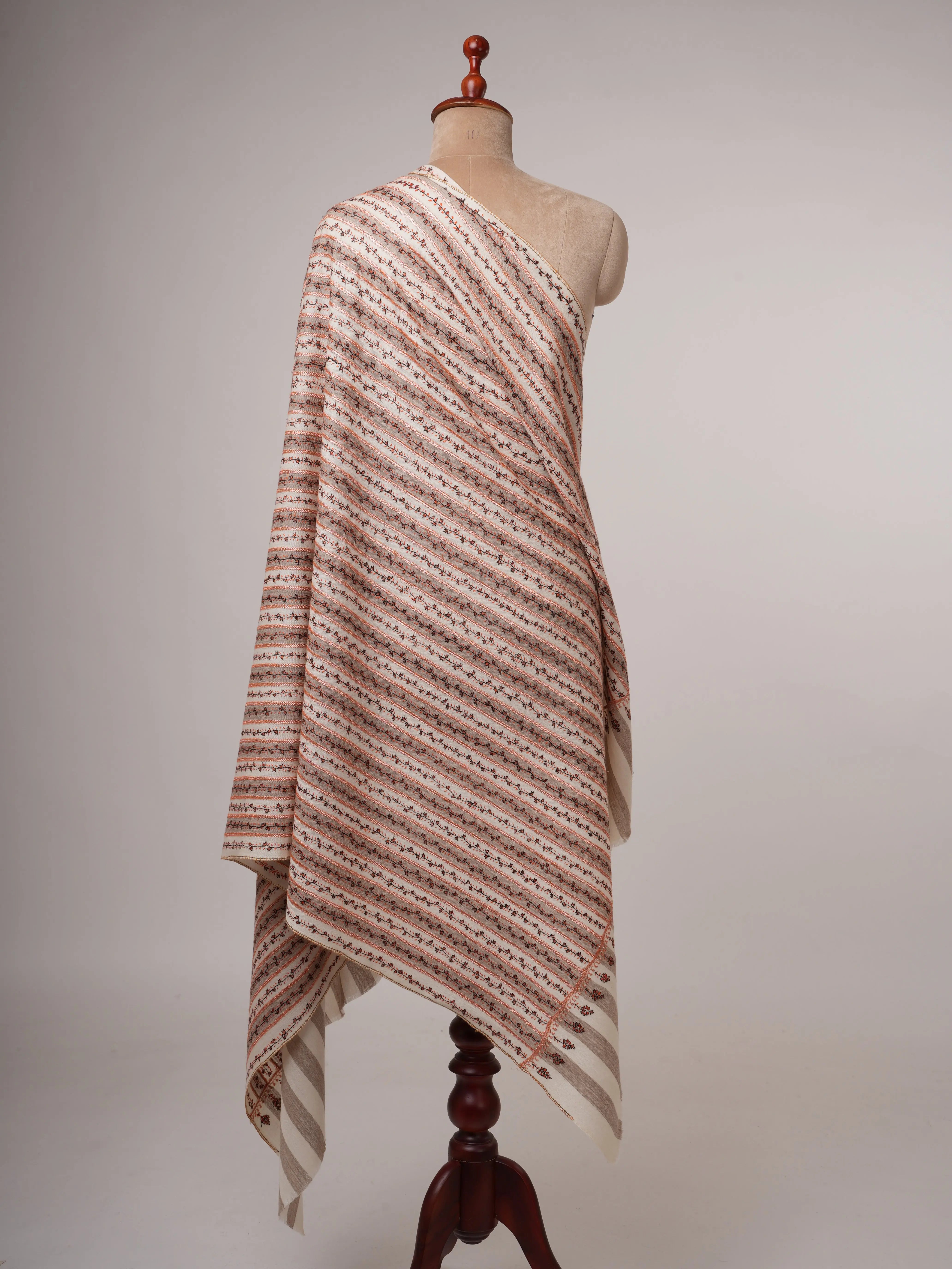 Striped Fine Wool Shawl with Hand Tilla Embroidery Shahkaar