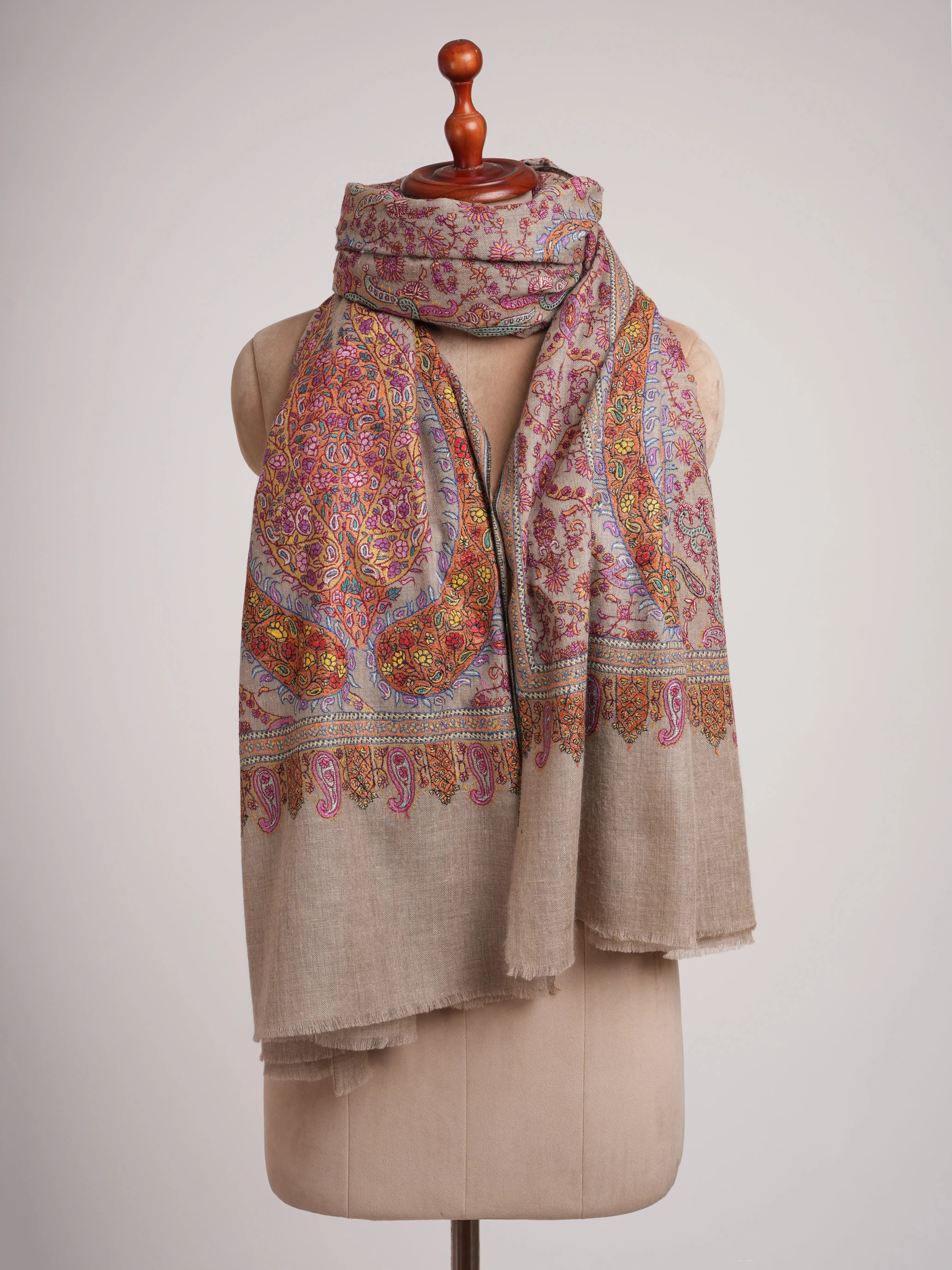 Taupe Artistic Kashmiri Pashmina Jamavar Shawl Shahkaar