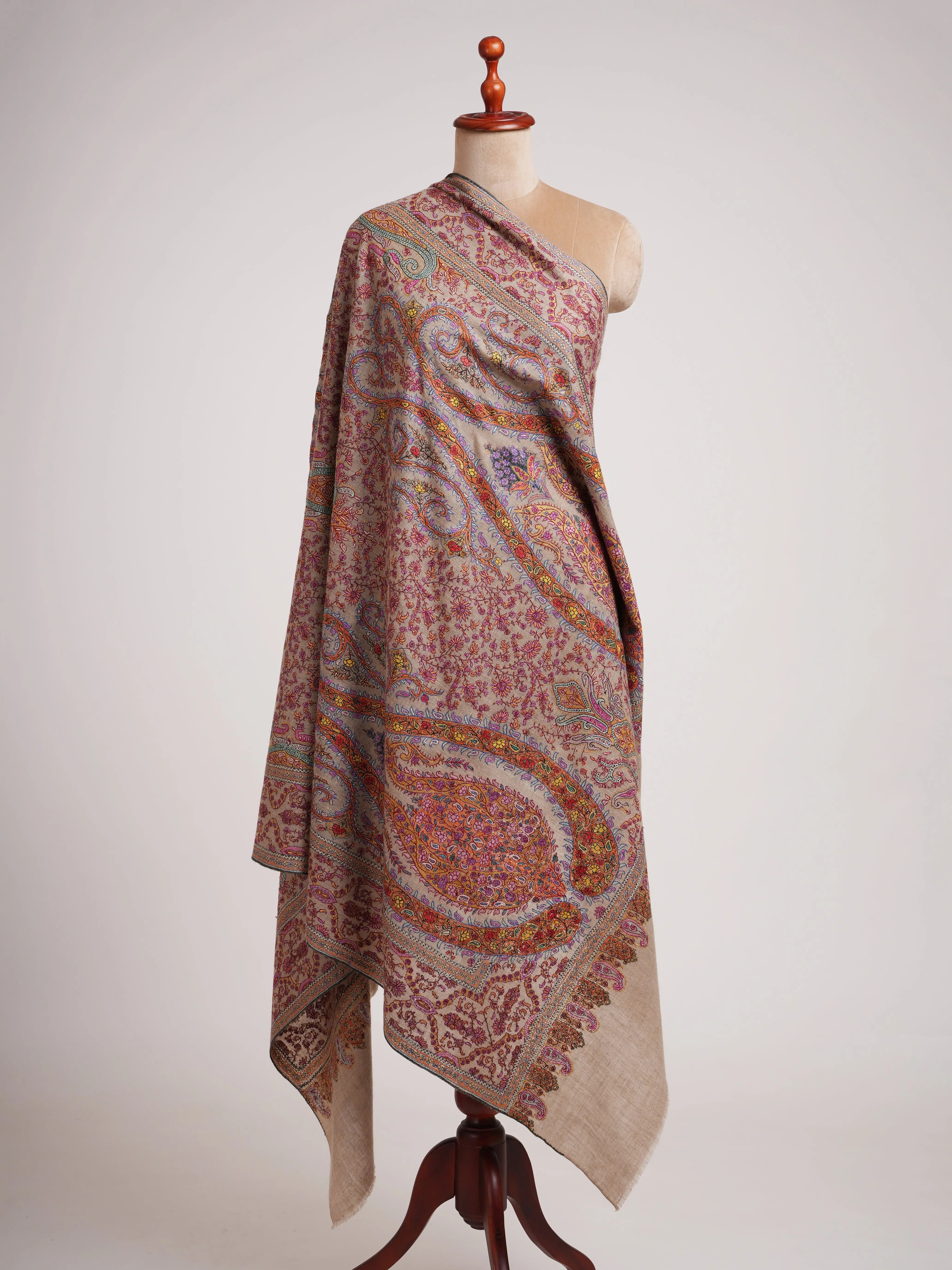 Taupe Artistic Kashmiri Pashmina Jamavar Shawl Shahkaar