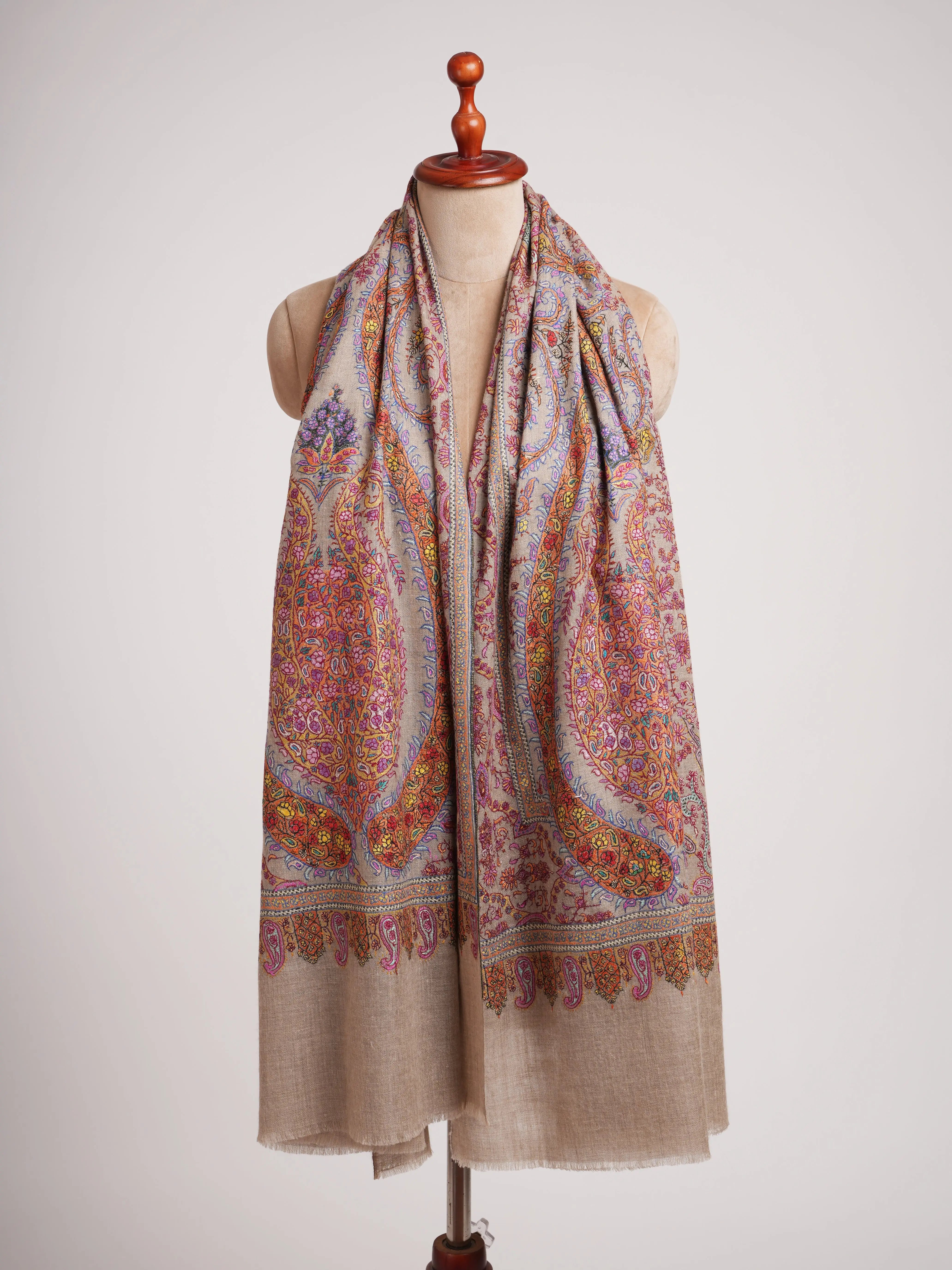 Taupe Artistic Kashmiri Pashmina Jamavar Shawl Shahkaar