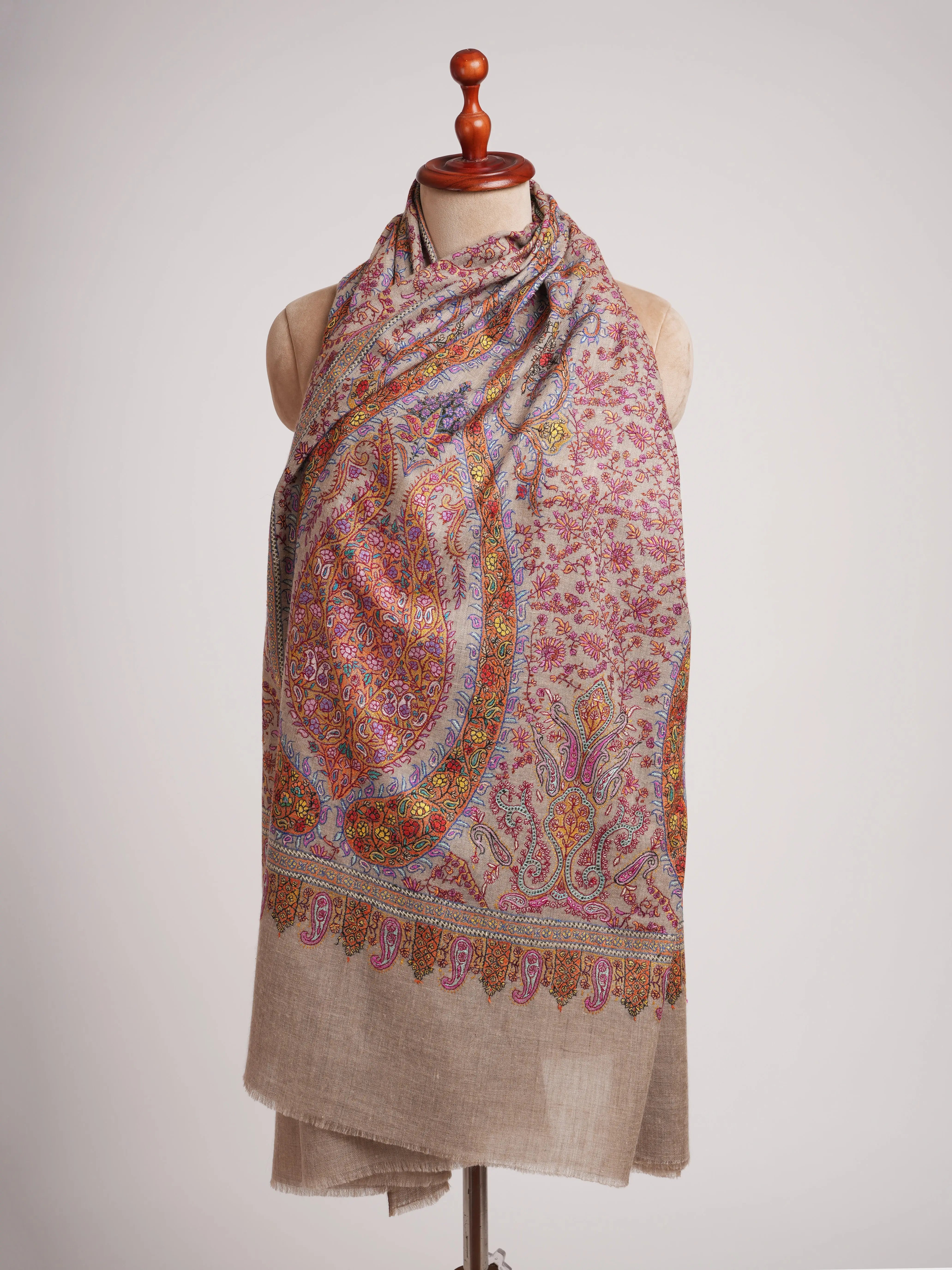 Taupe Artistic Kashmiri Pashmina Jamavar Shawl Shahkaar