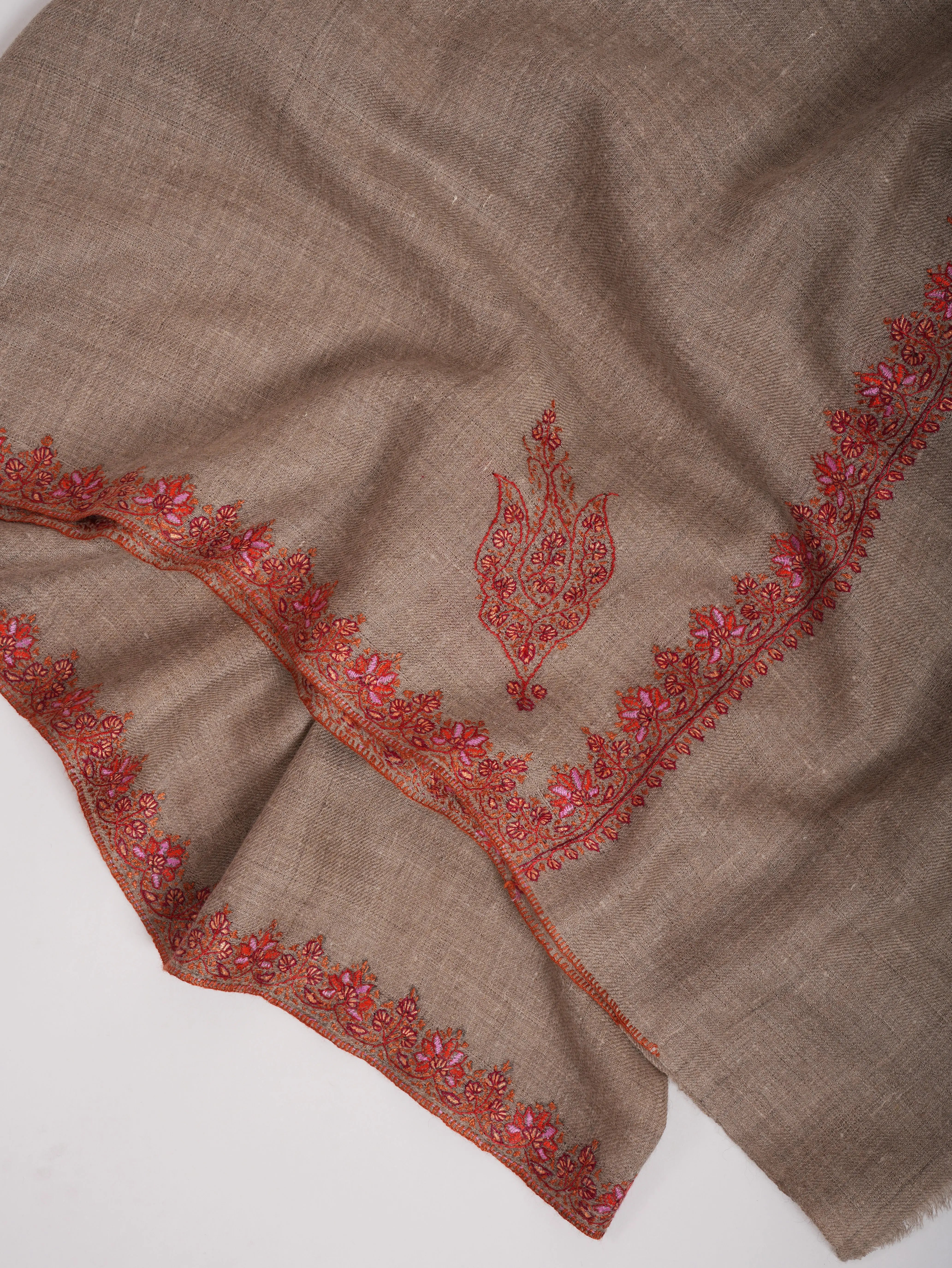 Taupe Hashia Embroidered Artistic Cashmere Scarf Shahkaar