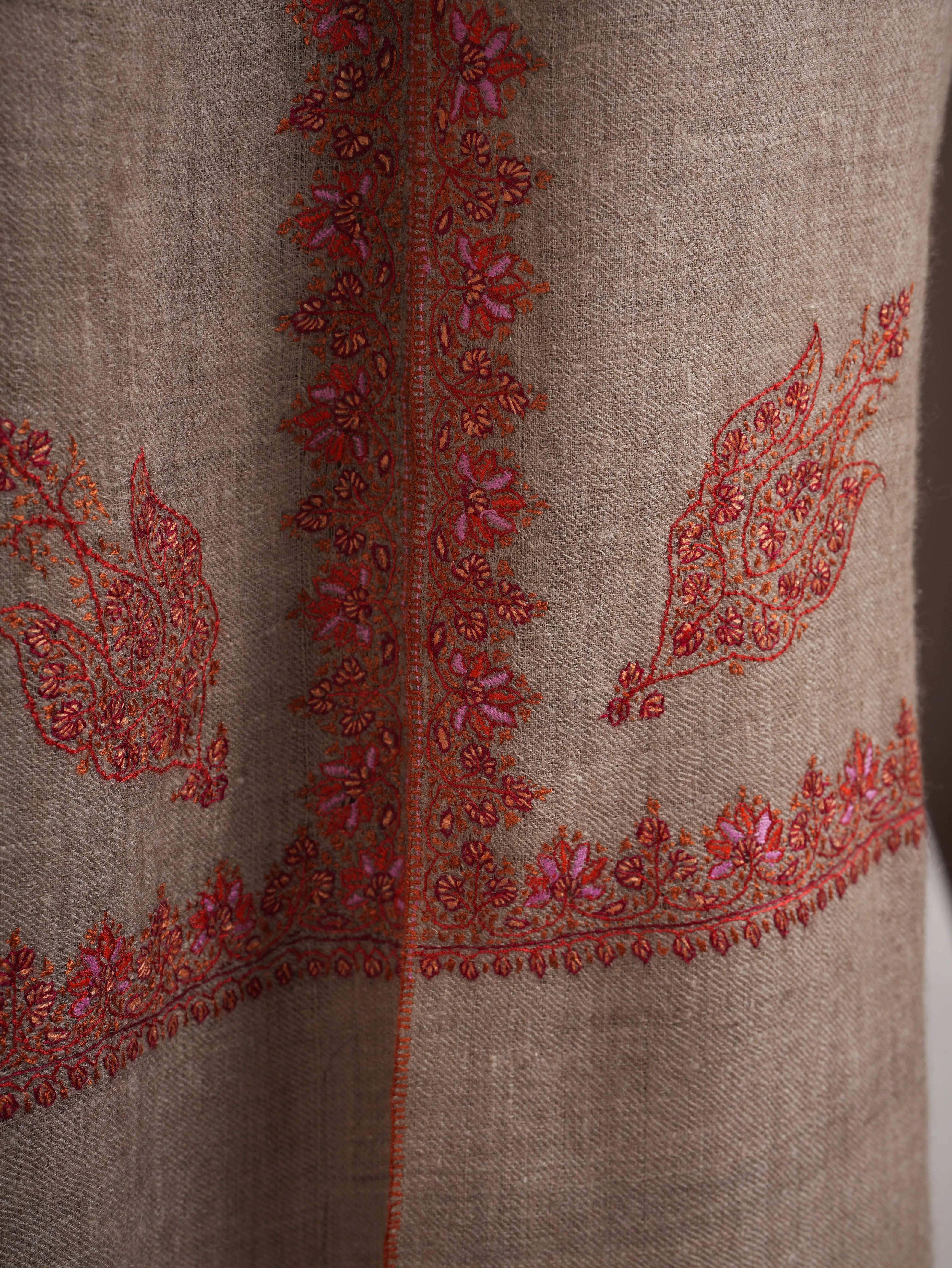 Taupe Hashia Embroidered Artistic Cashmere Scarf Shahkaar