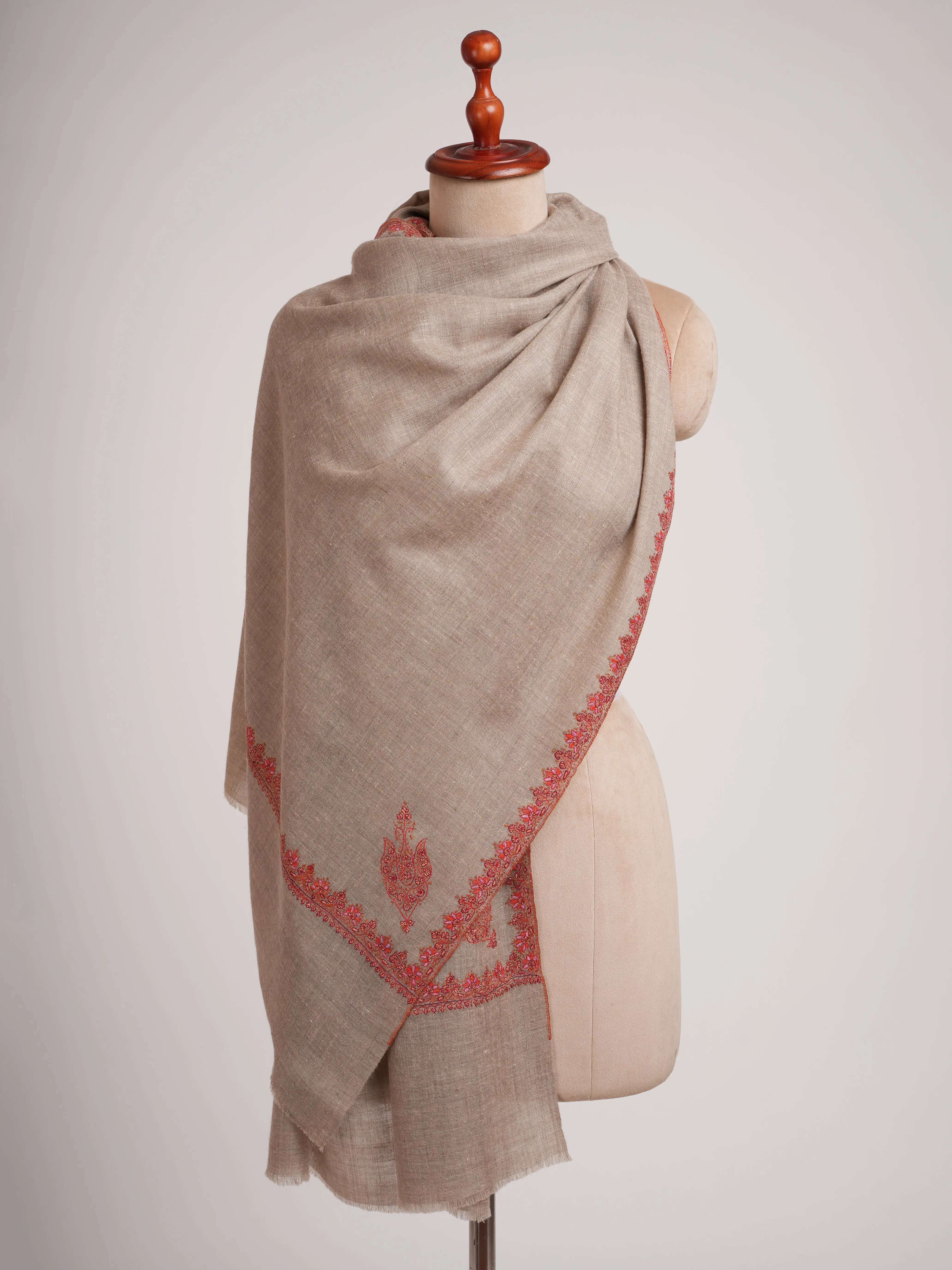 Taupe Hashia Embroidered Artistic Cashmere Scarf Shahkaar