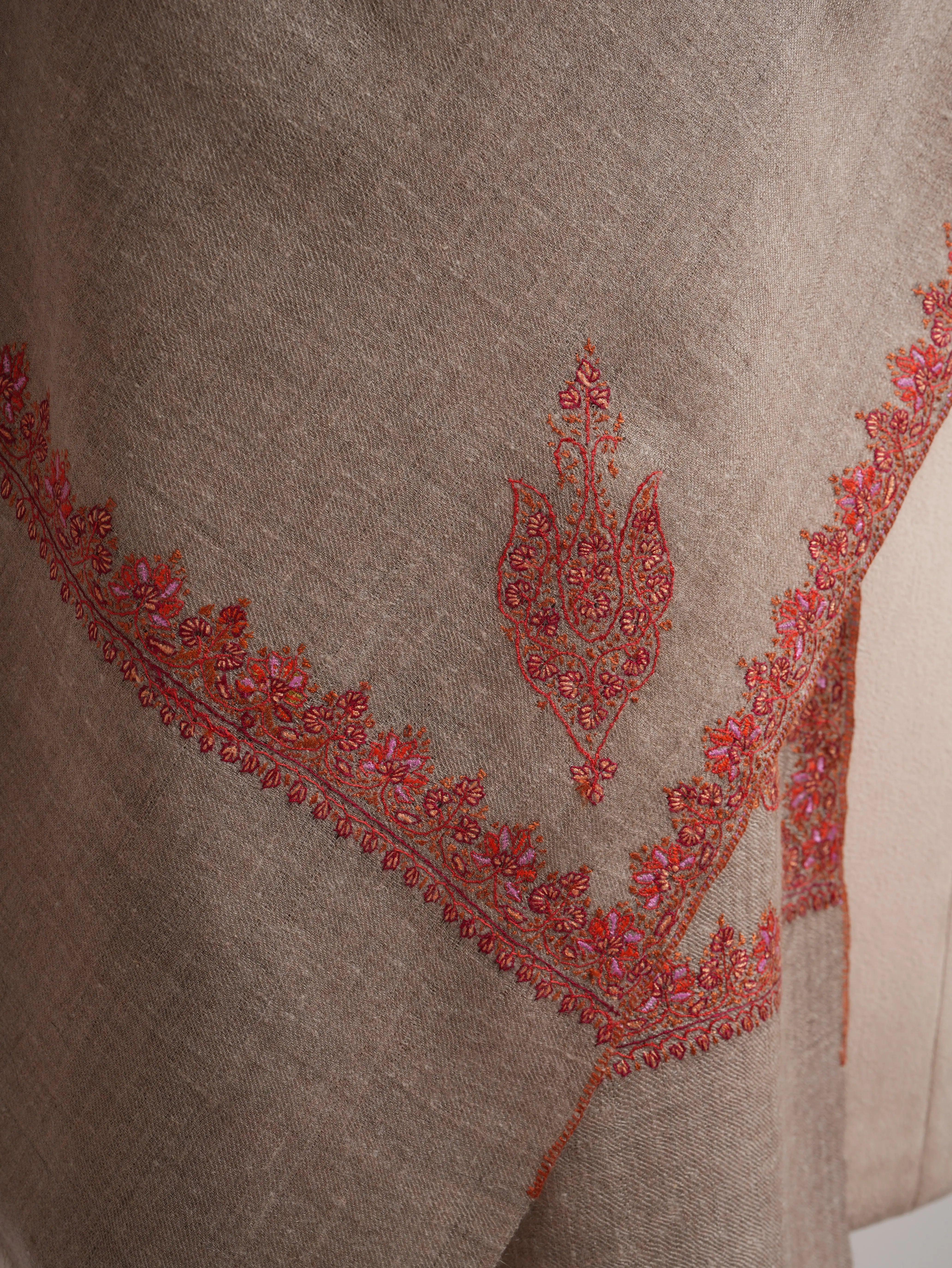 Taupe Hashia Embroidered Artistic Cashmere Scarf Shahkaar