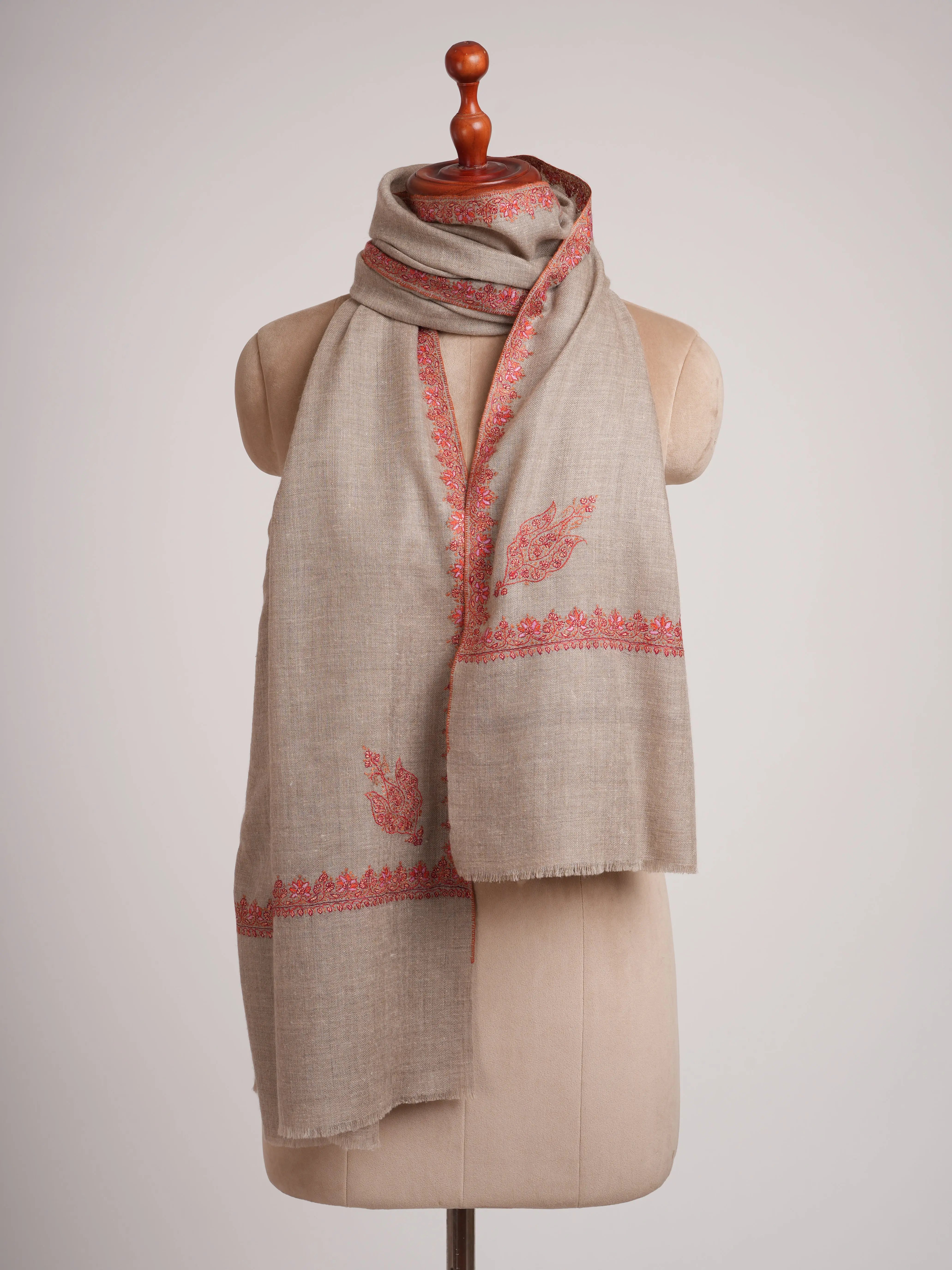 Taupe Hashia Embroidered Artistic Cashmere Scarf Shahkaar