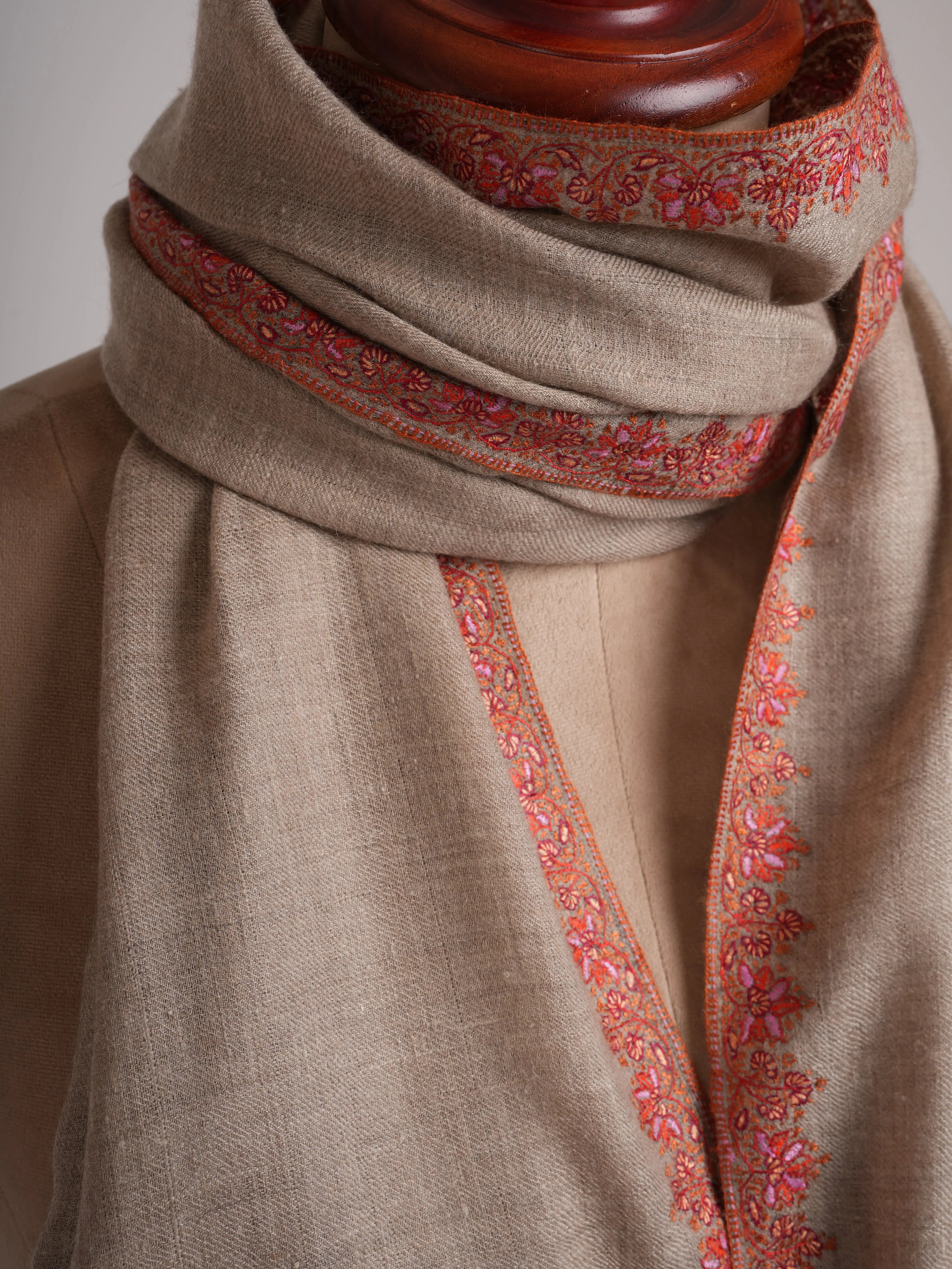 Taupe Hashia Embroidered Artistic Cashmere Scarf Shahkaar