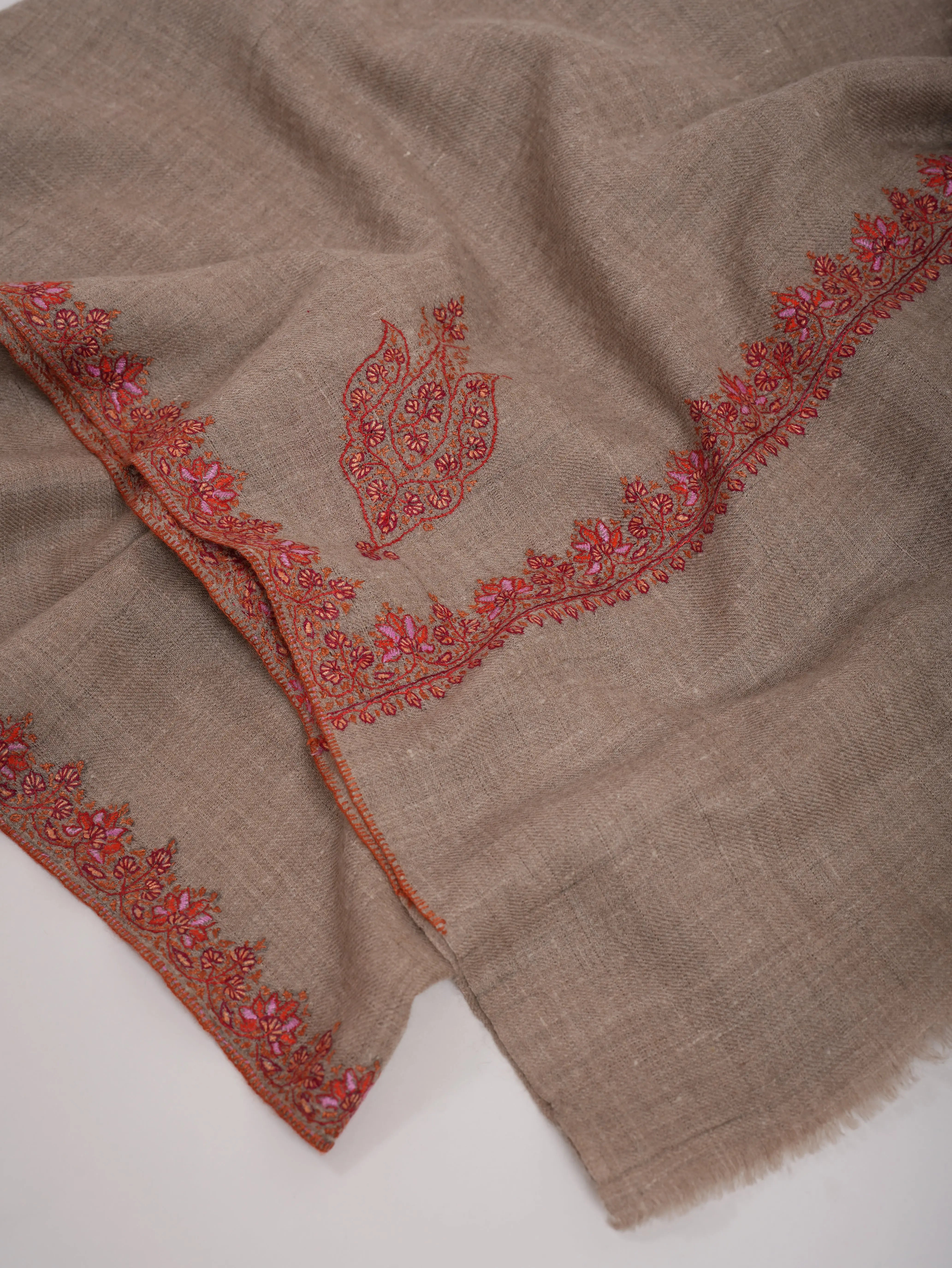Taupe Hashia Embroidered Artistic Cashmere Scarf Shahkaar