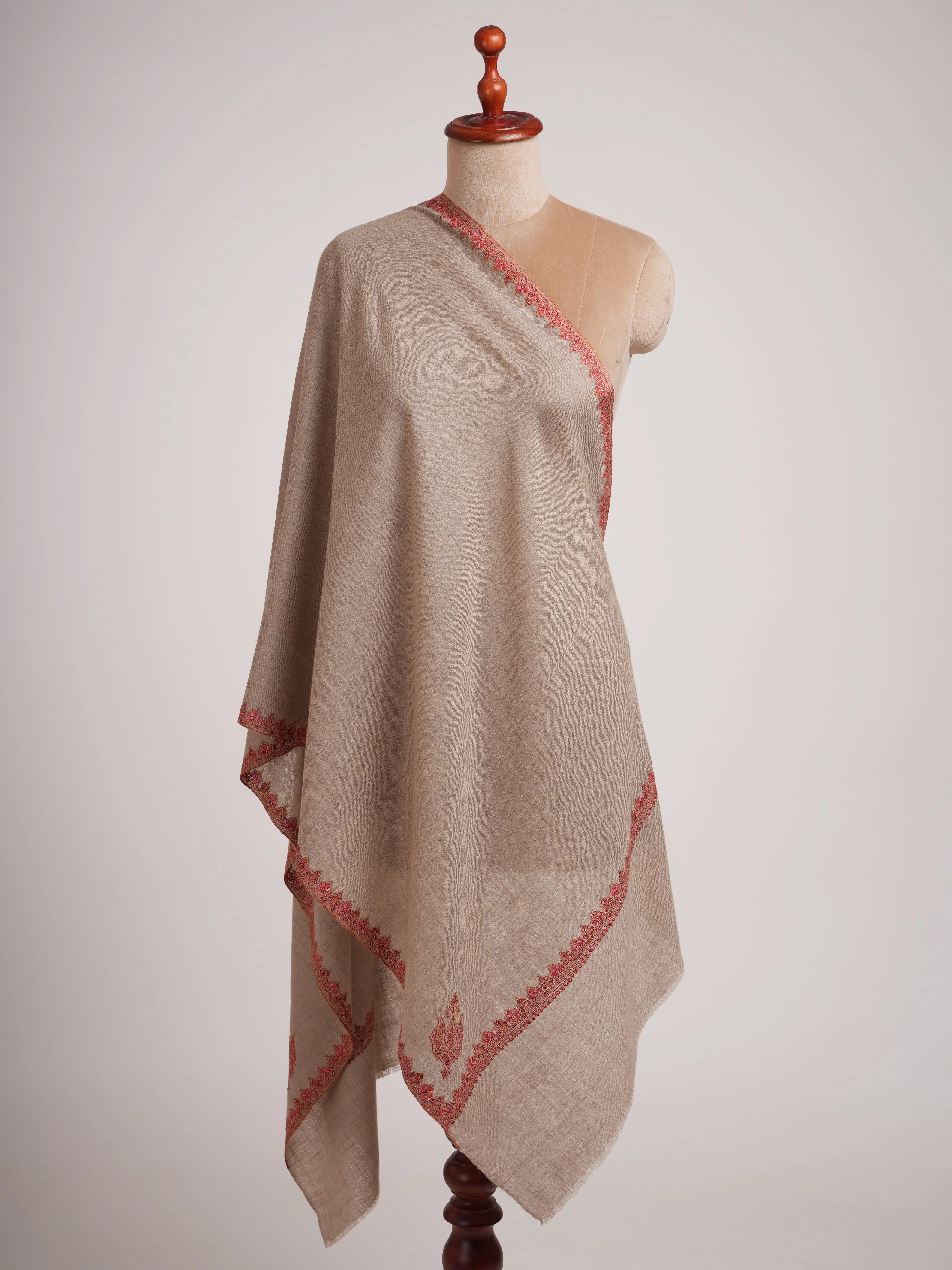 Taupe Hashia Embroidered Artistic Cashmere Scarf Shahkaar