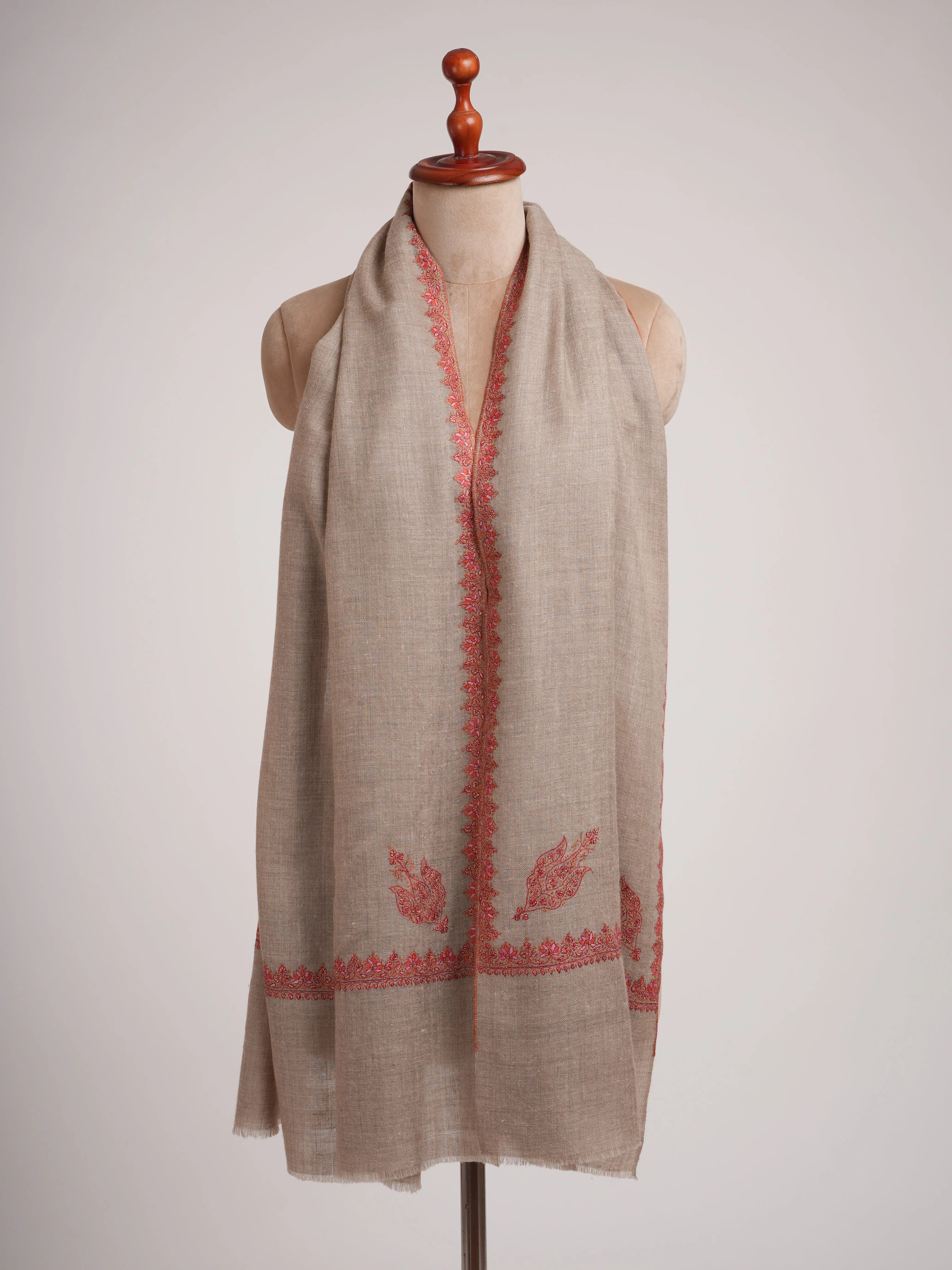 Taupe Hashia Embroidered Artistic Cashmere Scarf Shahkaar