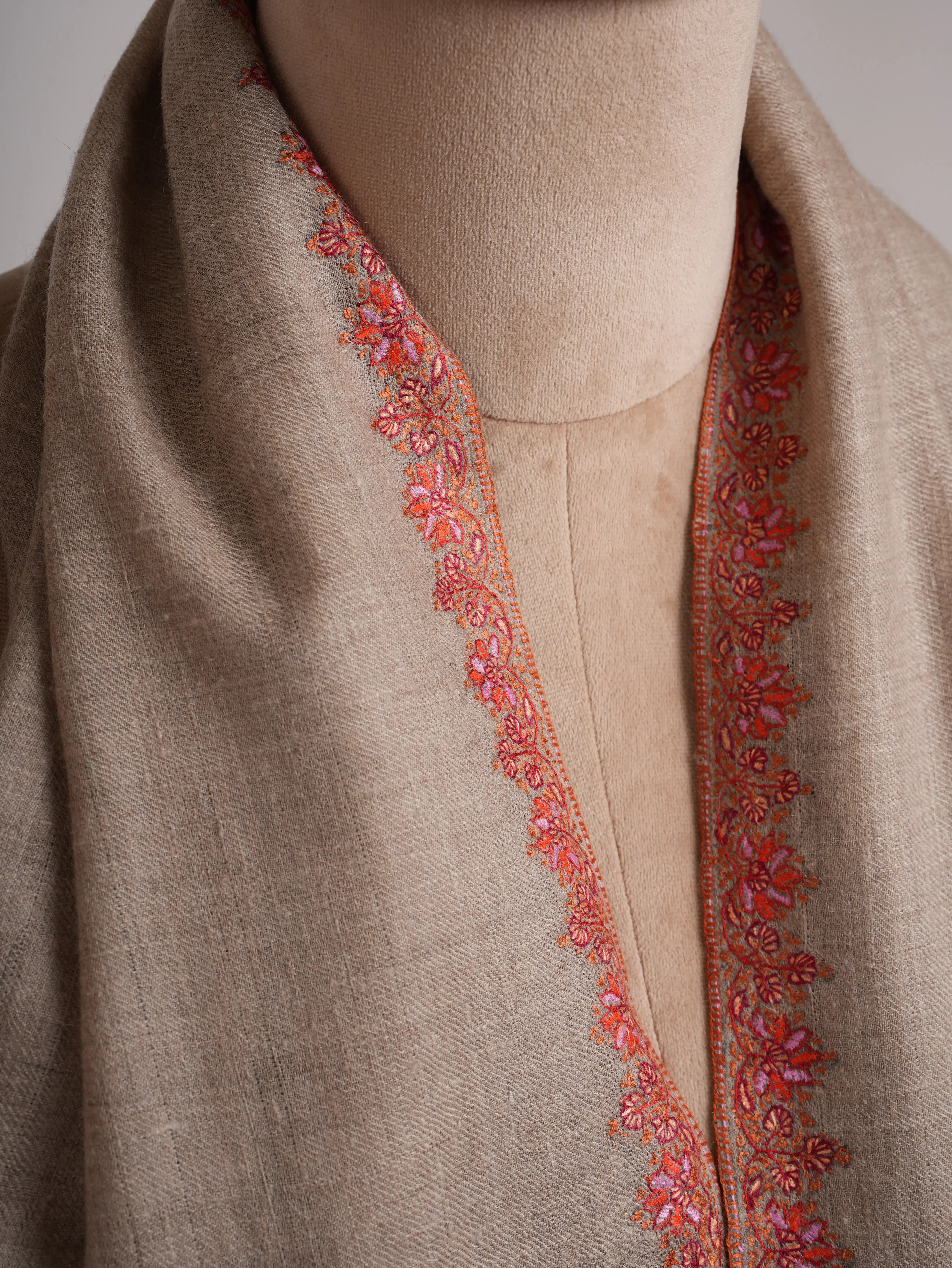 Taupe Hashia Embroidered Artistic Cashmere Scarf Shahkaar