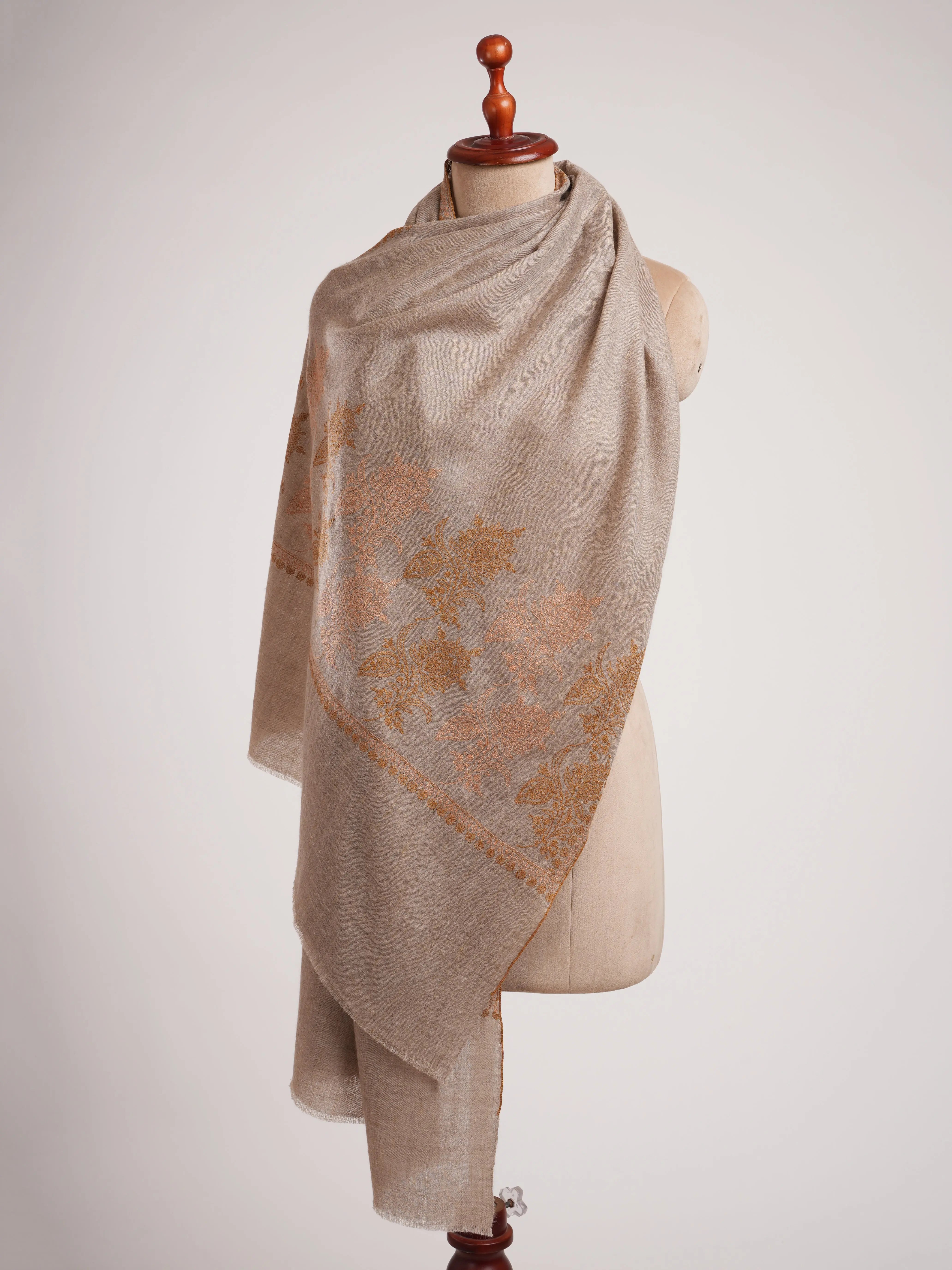 Taupe Palla Needlework Featherlight Cashmere Wrap Shahkaar
